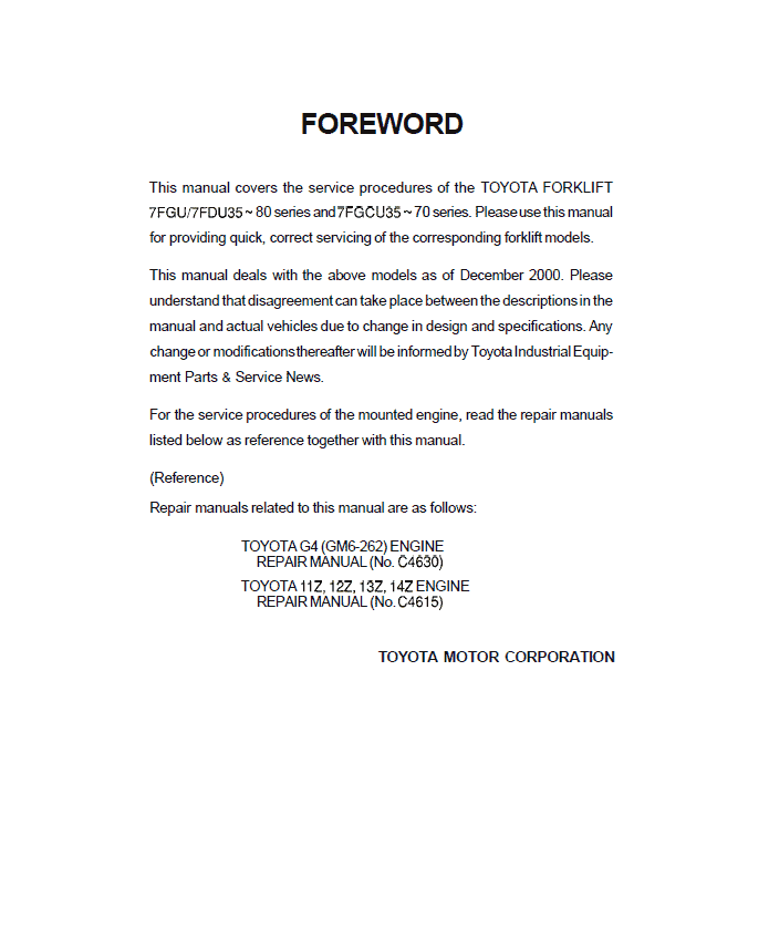 Toyota 7FDU35, 7FDU45, 7FDU60, 7FDU70, 7FDU80, 7FDKU40, 7FDAU50 Forklift Repair Manual