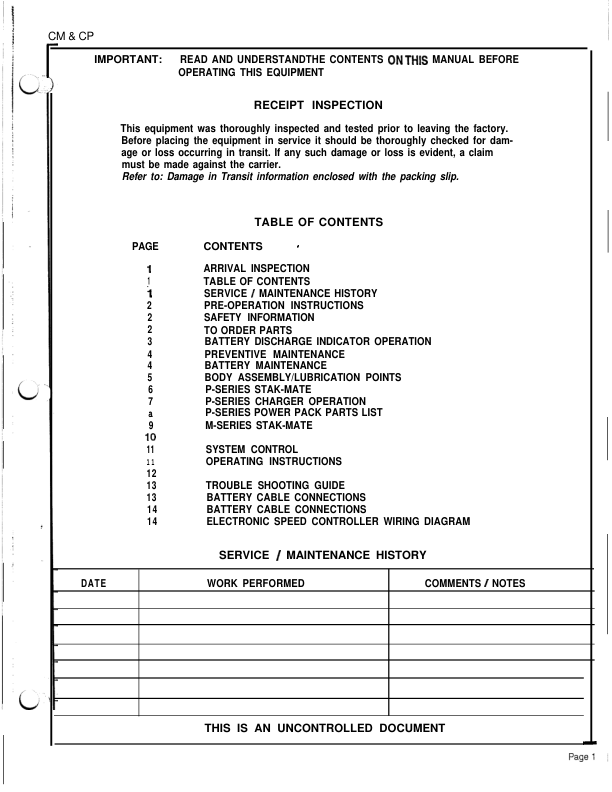 Clark CM5, CM7, CP7, CP10, CP12 Stak-Mate Parts and Service Manual