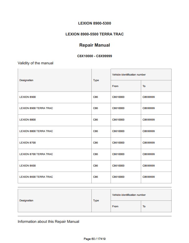 CLAAS 8900, 8700 (C86) Operators, Technical, Repair Manual