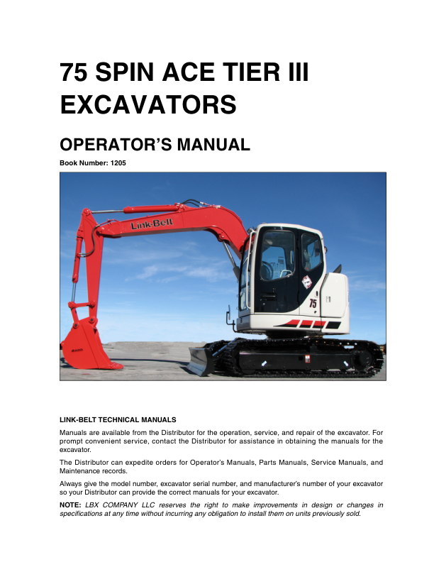 Linkbelt 75 Tier 3 Spin Ace Excavator Service Repair Manual