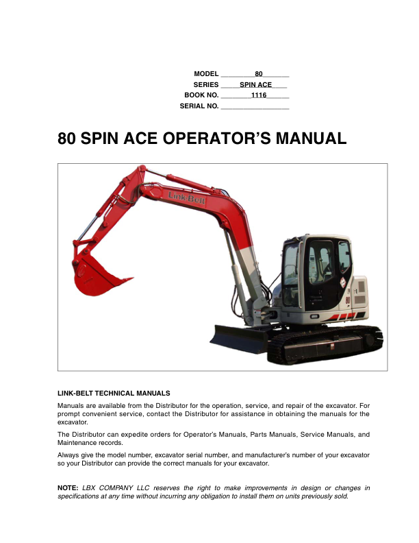 Linkbelt 80 Spin Ace Excavator Service Repair Manual