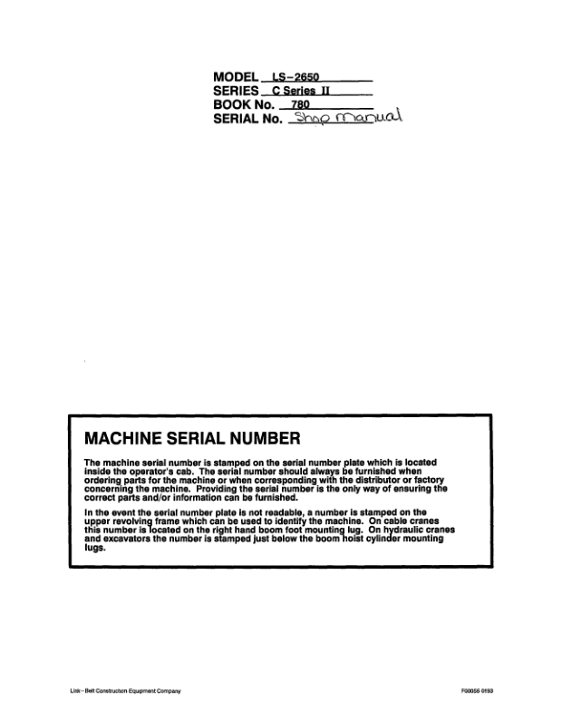 Linkbelt LS-2650 C2 Excavator Service Repair Manual