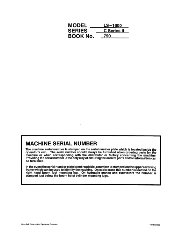 Linkbelt LS-1600 C2 Excavator Service Repair Manual