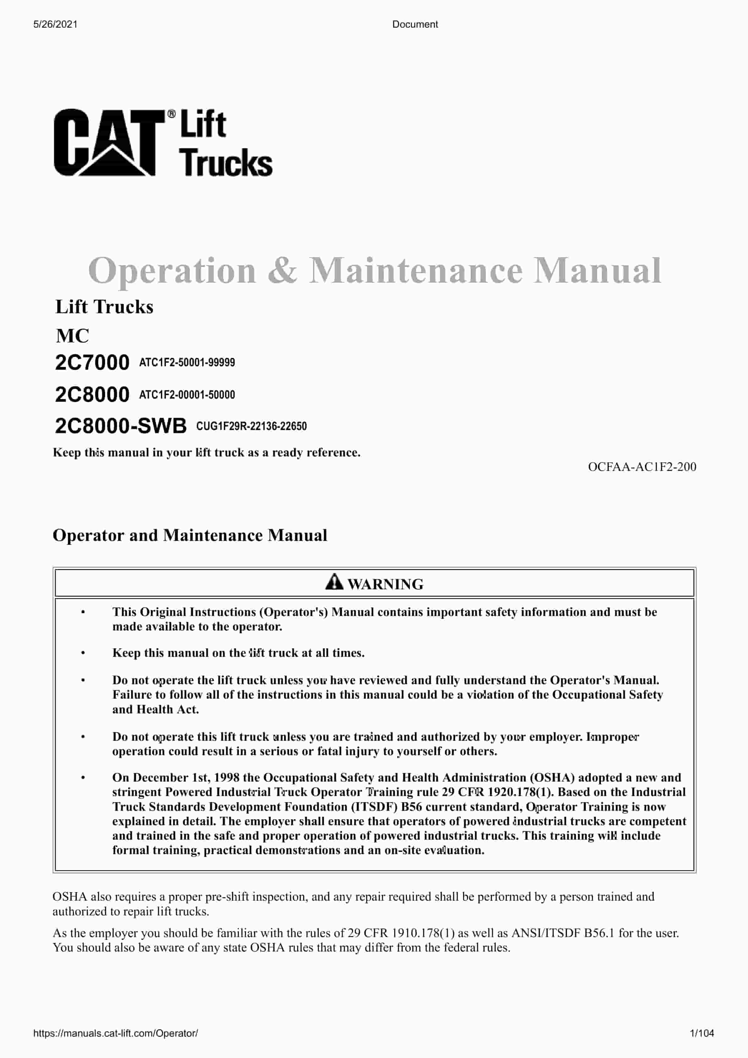 Caterpillar 2C7000 - 2C8000-SWB Lift Trucks Operation and Maintenance Manual OCFAA-AC1F2-200