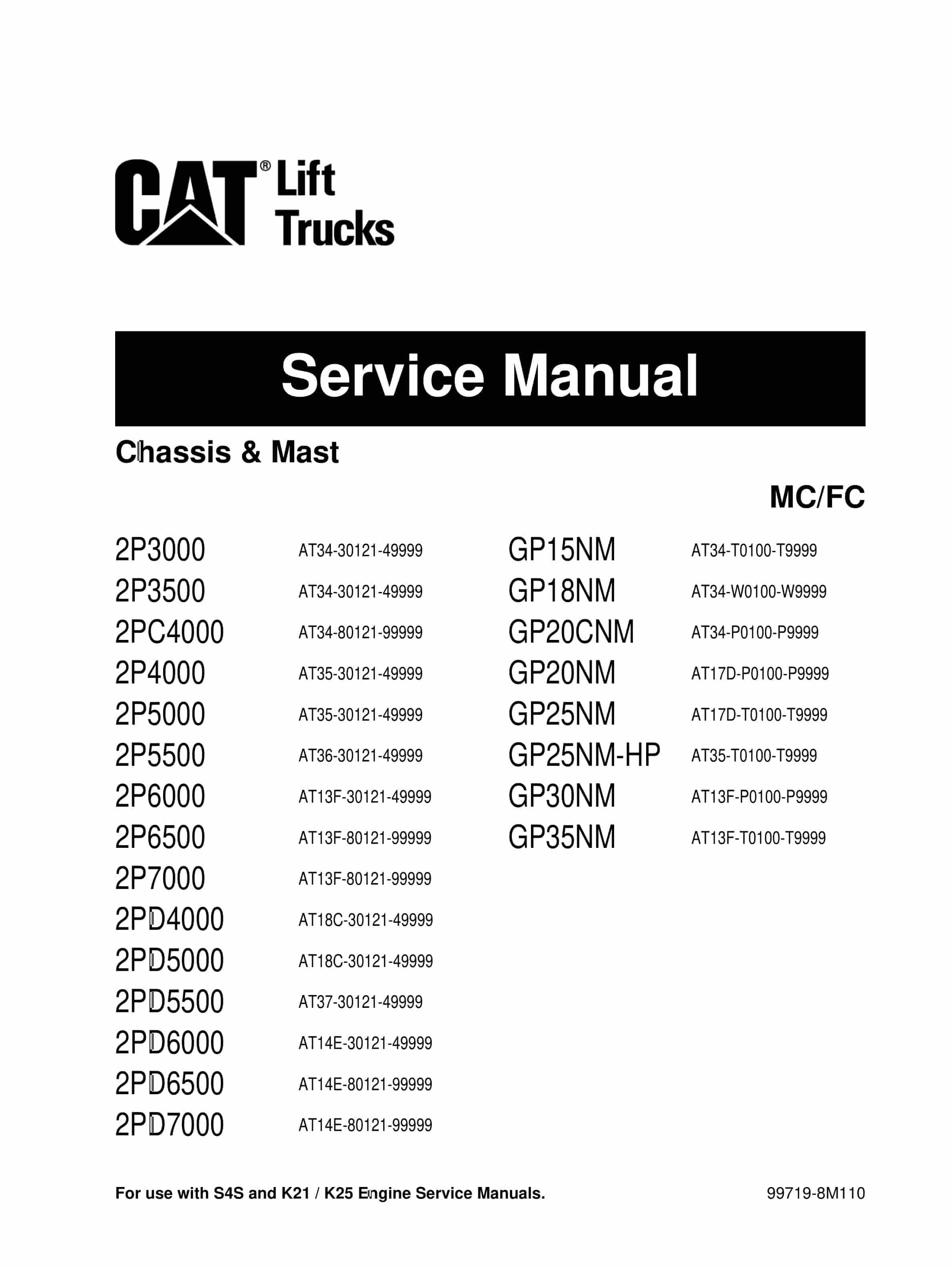 Caterpillar 2P3000 to 2PD7000, GP15NM-35NM Chassis and Mast Service Manual 99719-8M110