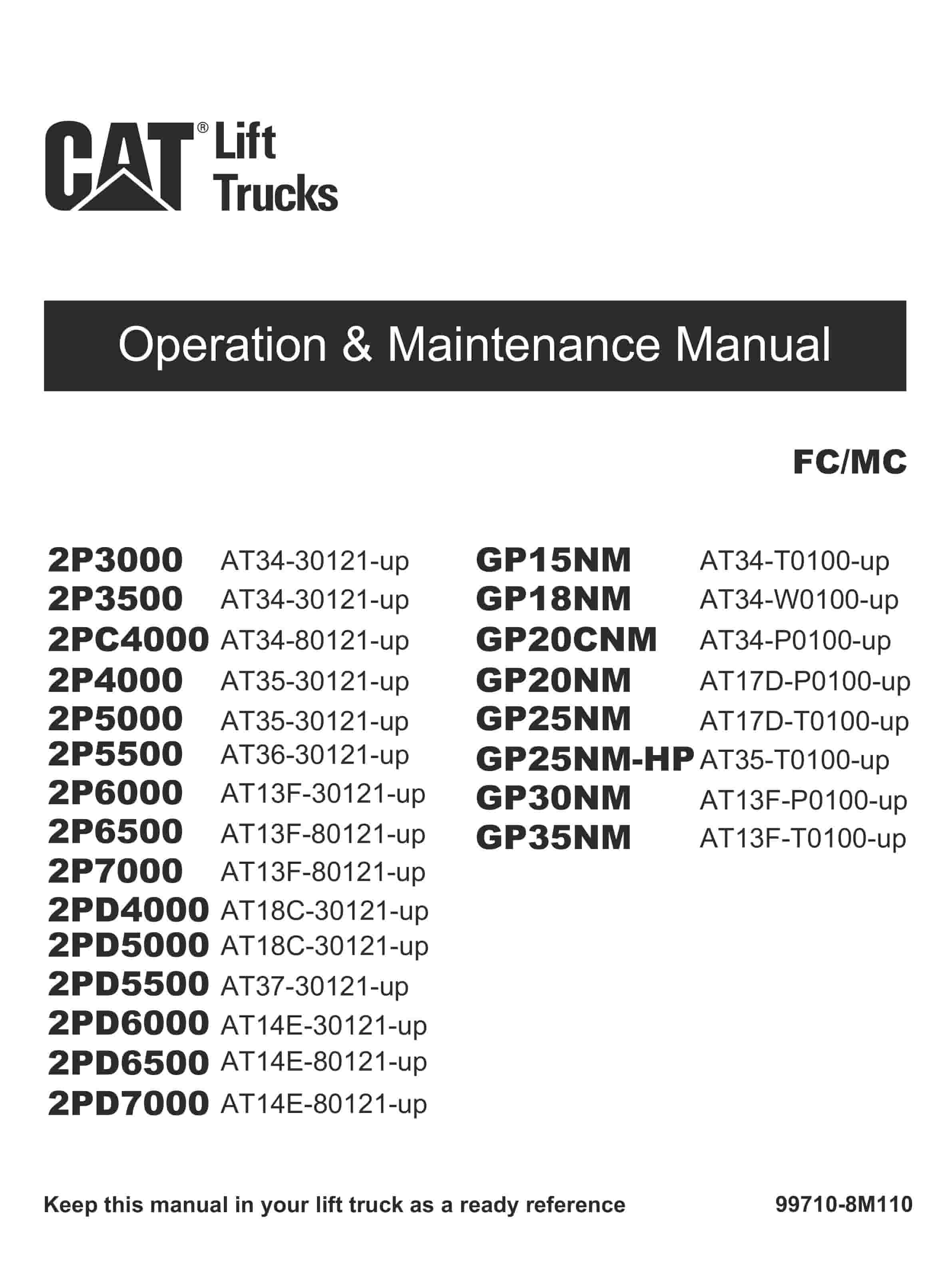 Caterpillar 2P3000 to 2PD7000, GP15NM-35NM Operation and Maintenance Manual 99710-8M110