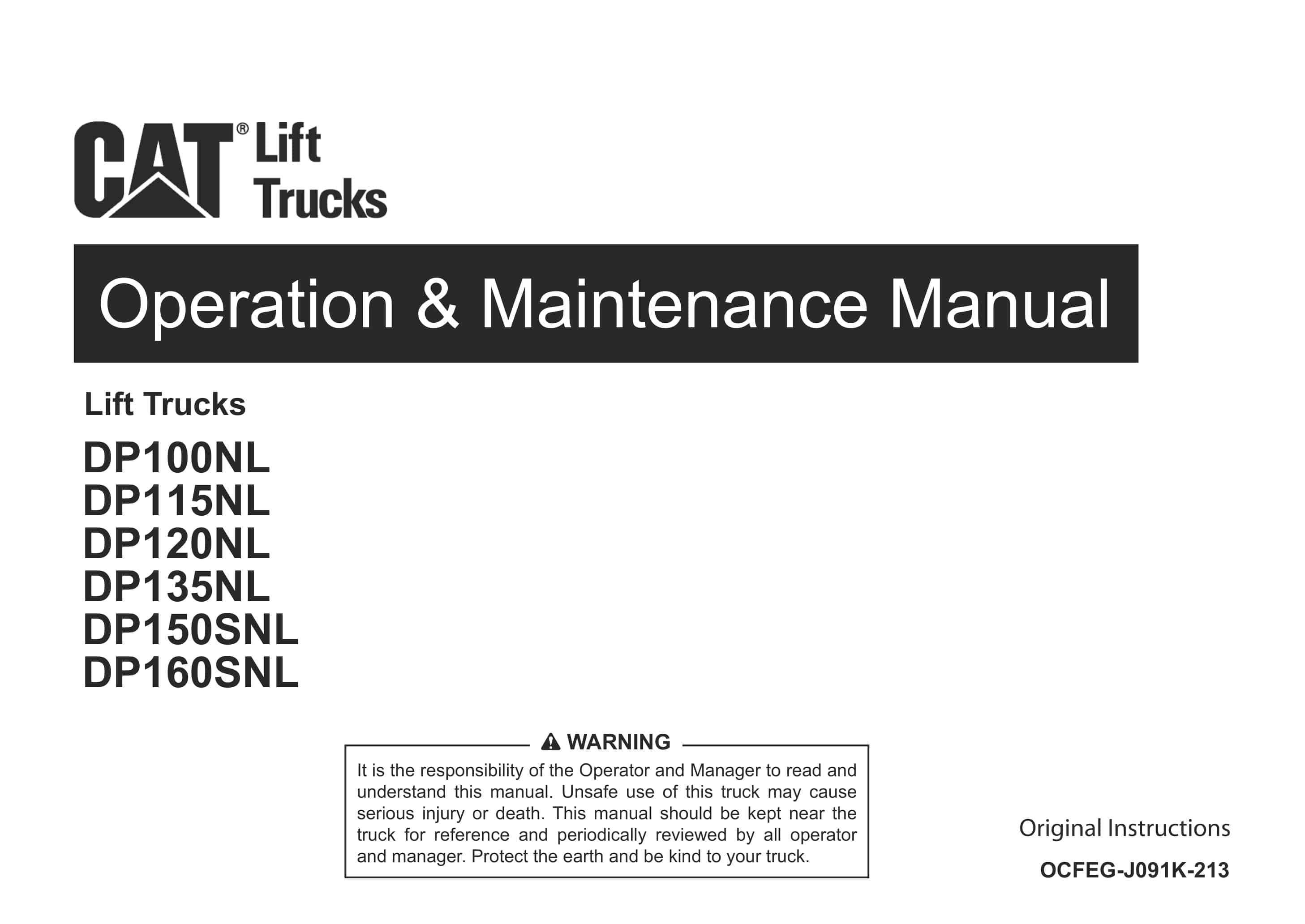 Caterpillar DP100NL-160SNL Lift Trucks Operation and Maintenance Manual OCFEG-J091K-213