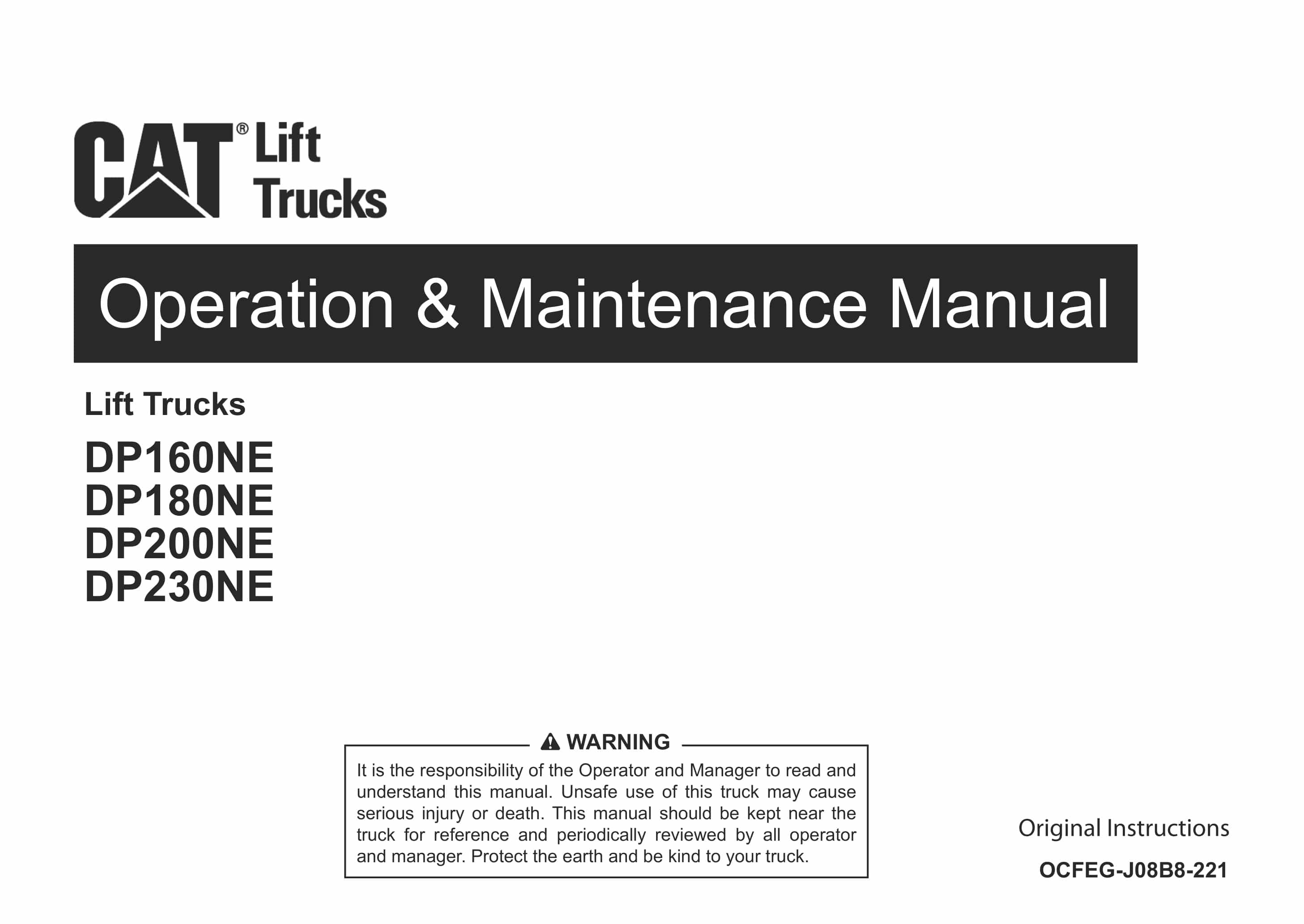 Caterpillar DP160NE-230NE Lift Trucks Operation and Maintenance Manual OCFEG-J08B8-221