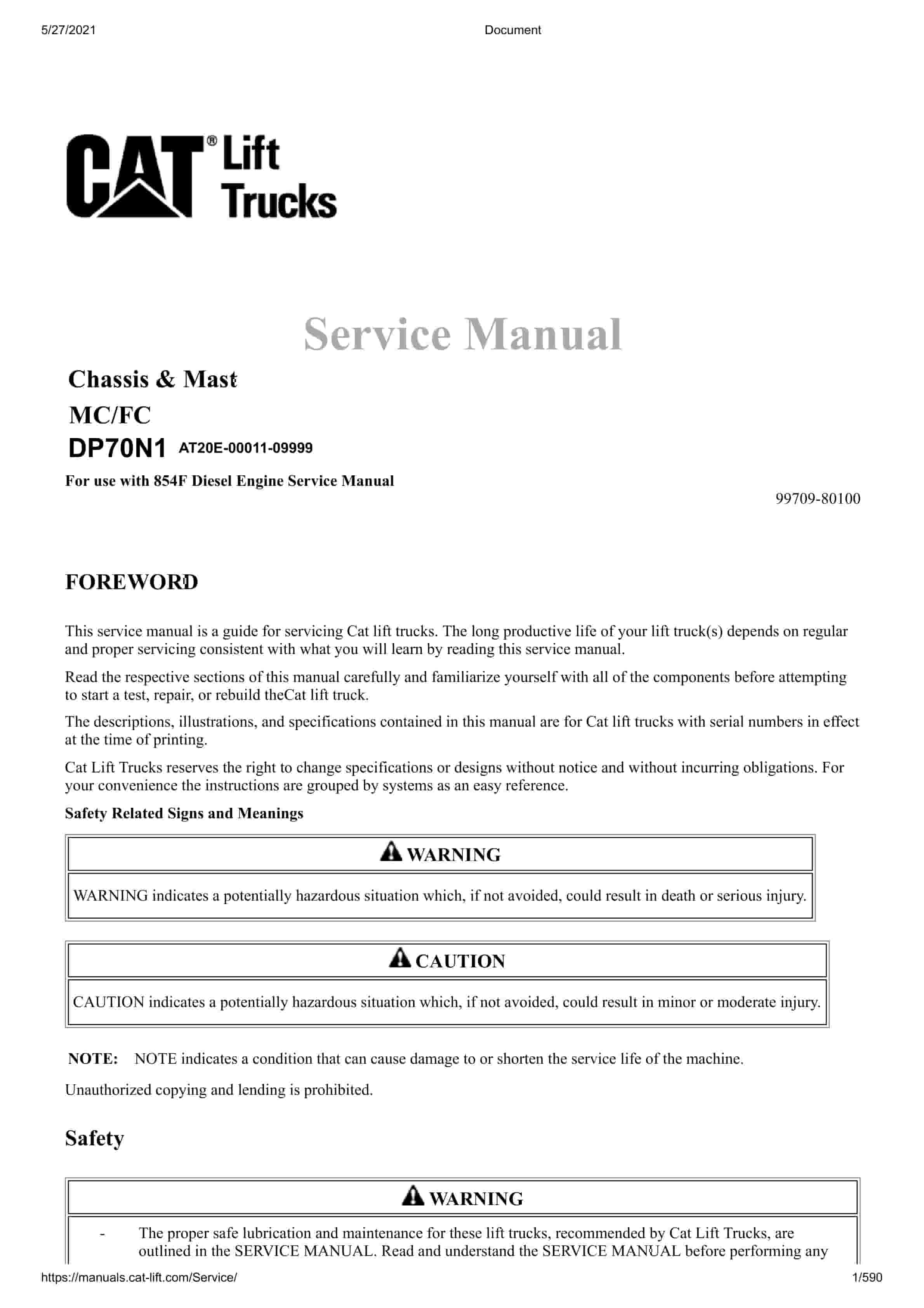 Caterpillar DP70N1 Chassis and Mast Service Manual 99709-80100