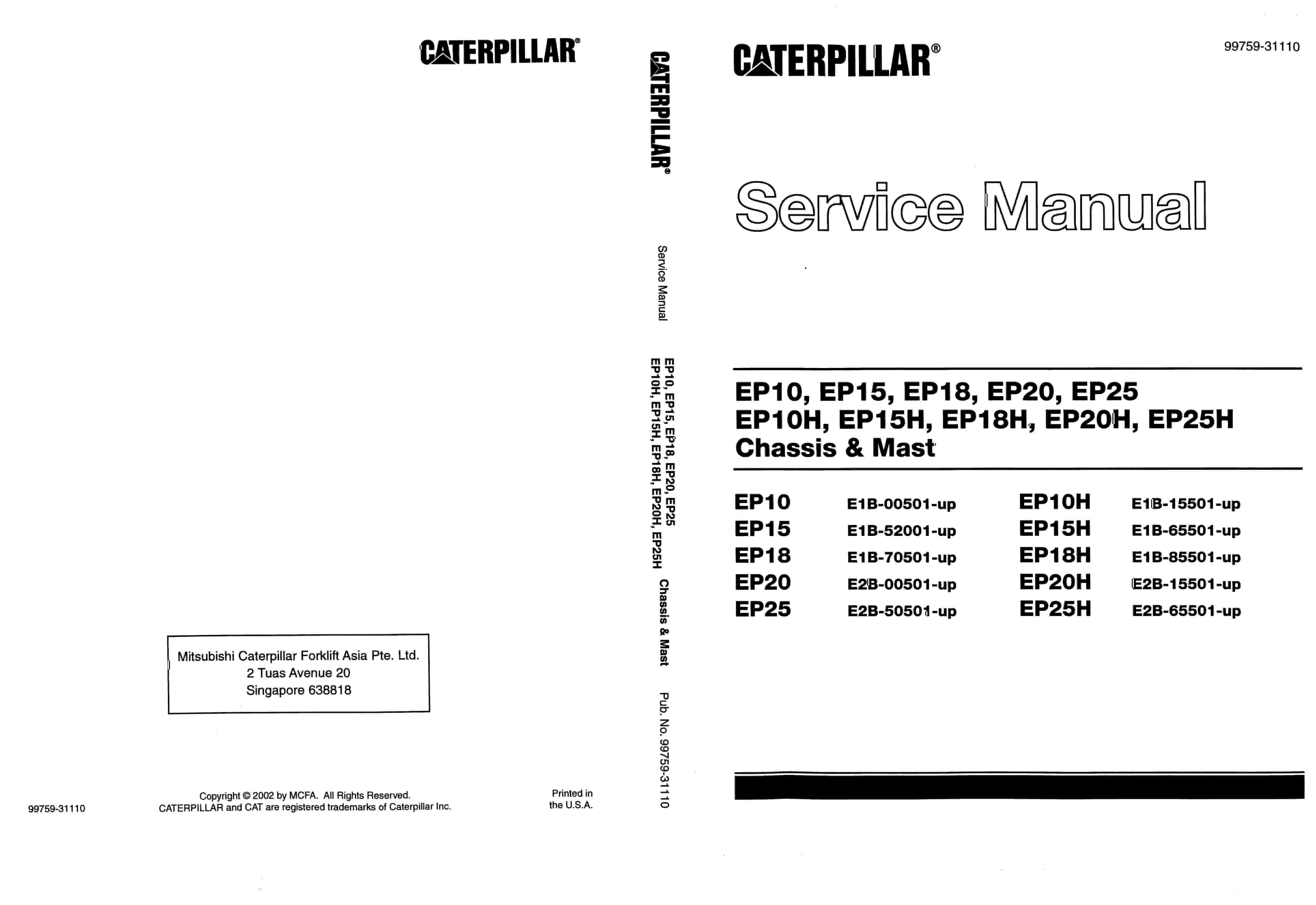 Caterpillar EP10 to EP25H Chassis and Mast Service Manual 99759-31110