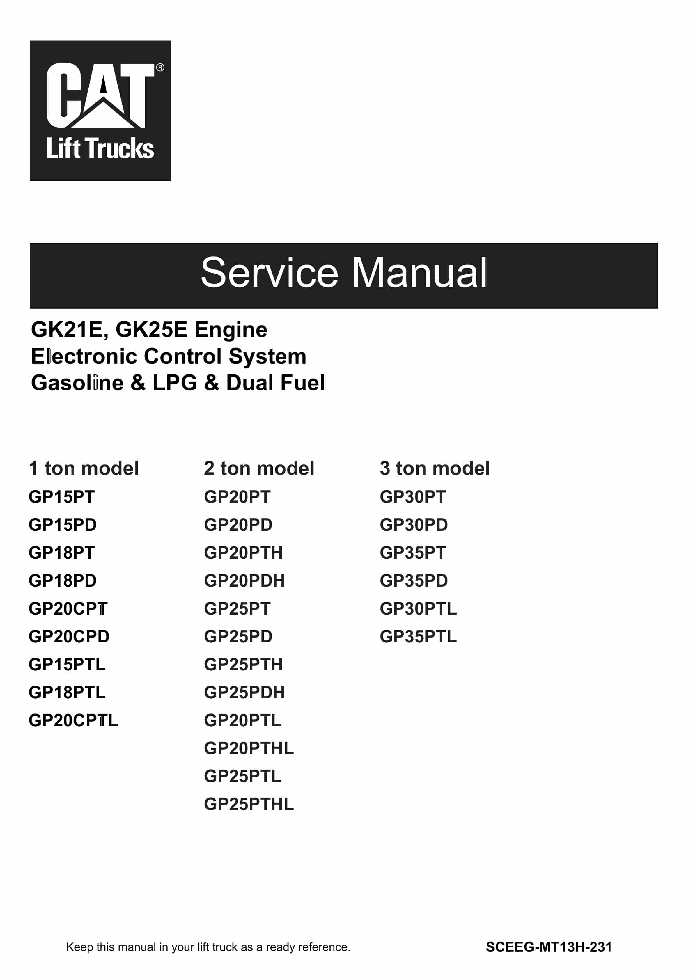 Caterpillar GK21E, GK25E Engine Electronic Control System Gasoline - LPG - Dual Fuel Service Manual SCEEG-MT13H-231 1 Caterpillar GK21E, GK25E Engine Electronic Control System Gasoline - LPG - Dual Fuel Service Manual SCEEG-MT13H-231