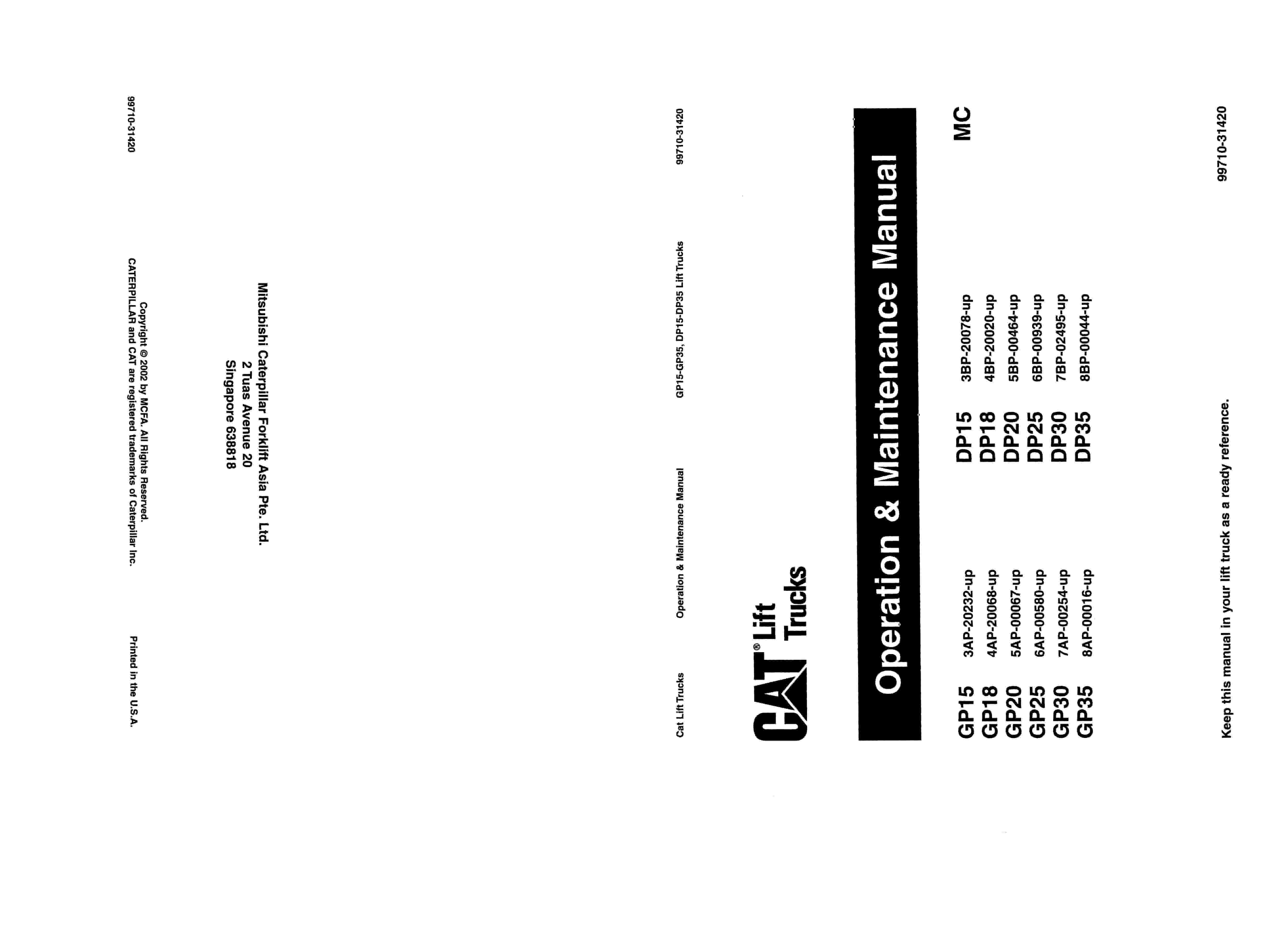 Caterpillar GP-DP 15-35 Lift Trucks Operation and Maintenance Manual 99710-31420