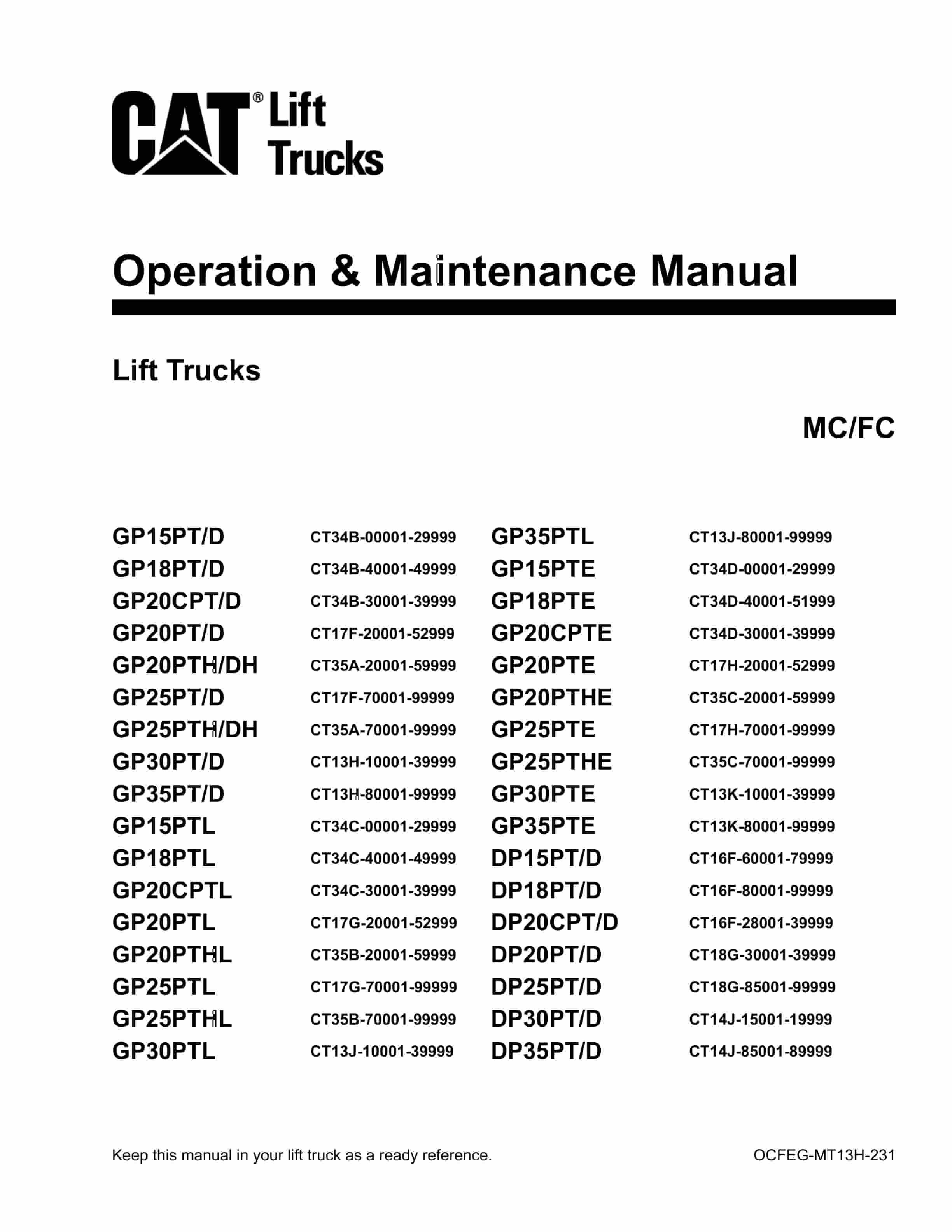 Caterpillar GP15-35PT-PTD-PTL-PTE, DP15-35PT-D Lift Trucks Operation and Maintenance Manual OCFEG-MT13H-231 1 Caterpillar GP15-35PT-PTD-PTL-PTE, DP15-35PT-D Lift Trucks Operation and Maintenance Manual OCFEG-MT13H-231
