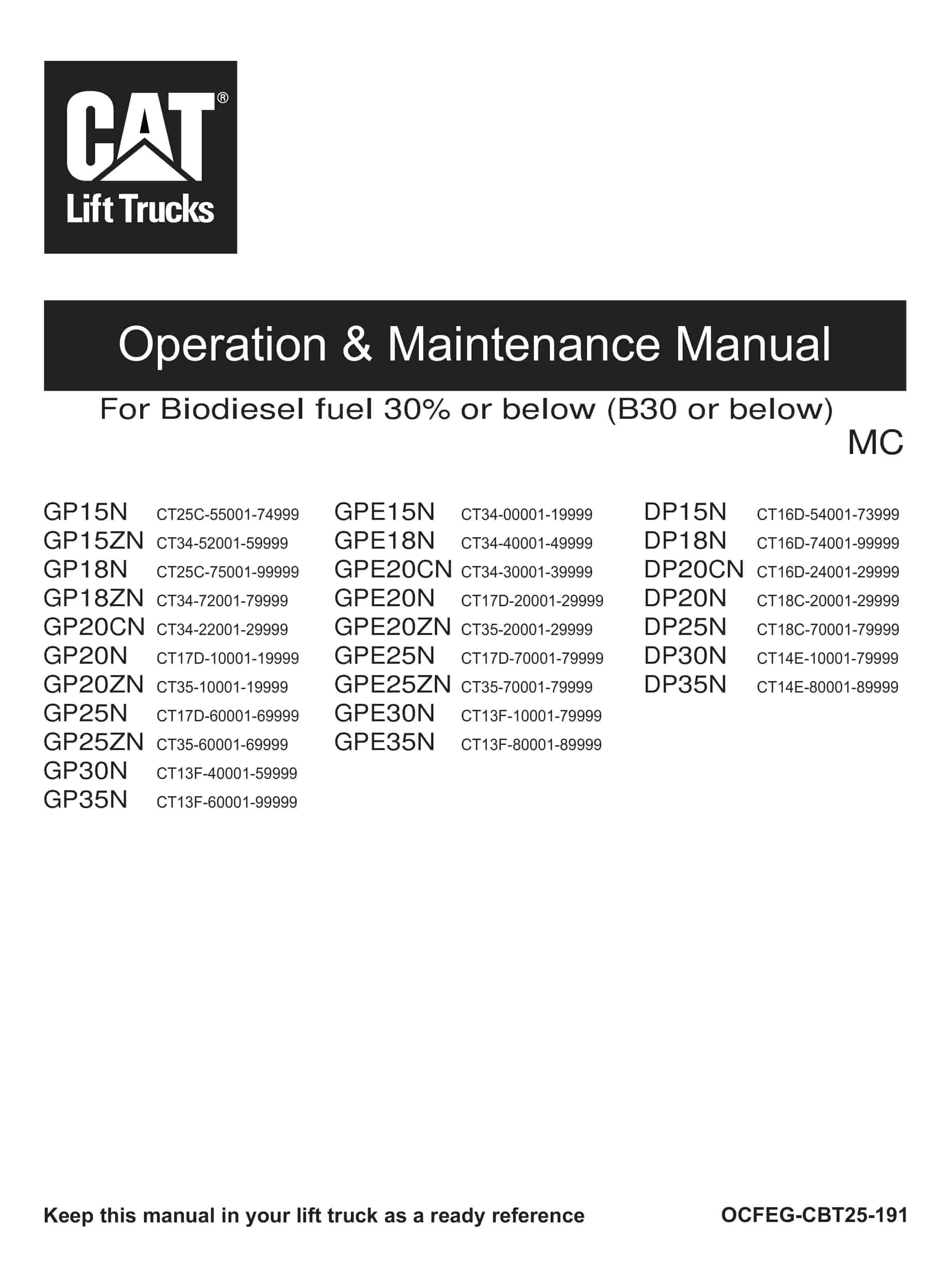 Caterpillar GP15N-35N, GPE15N-35N, DP15N-35N Operation and Maintenance Manual OCFEG-CBT25-191 1 Caterpillar GP15N-35N, GPE15N-35N, DP15N-35N Operation and Maintenance Manual OCFEG-CBT25-191