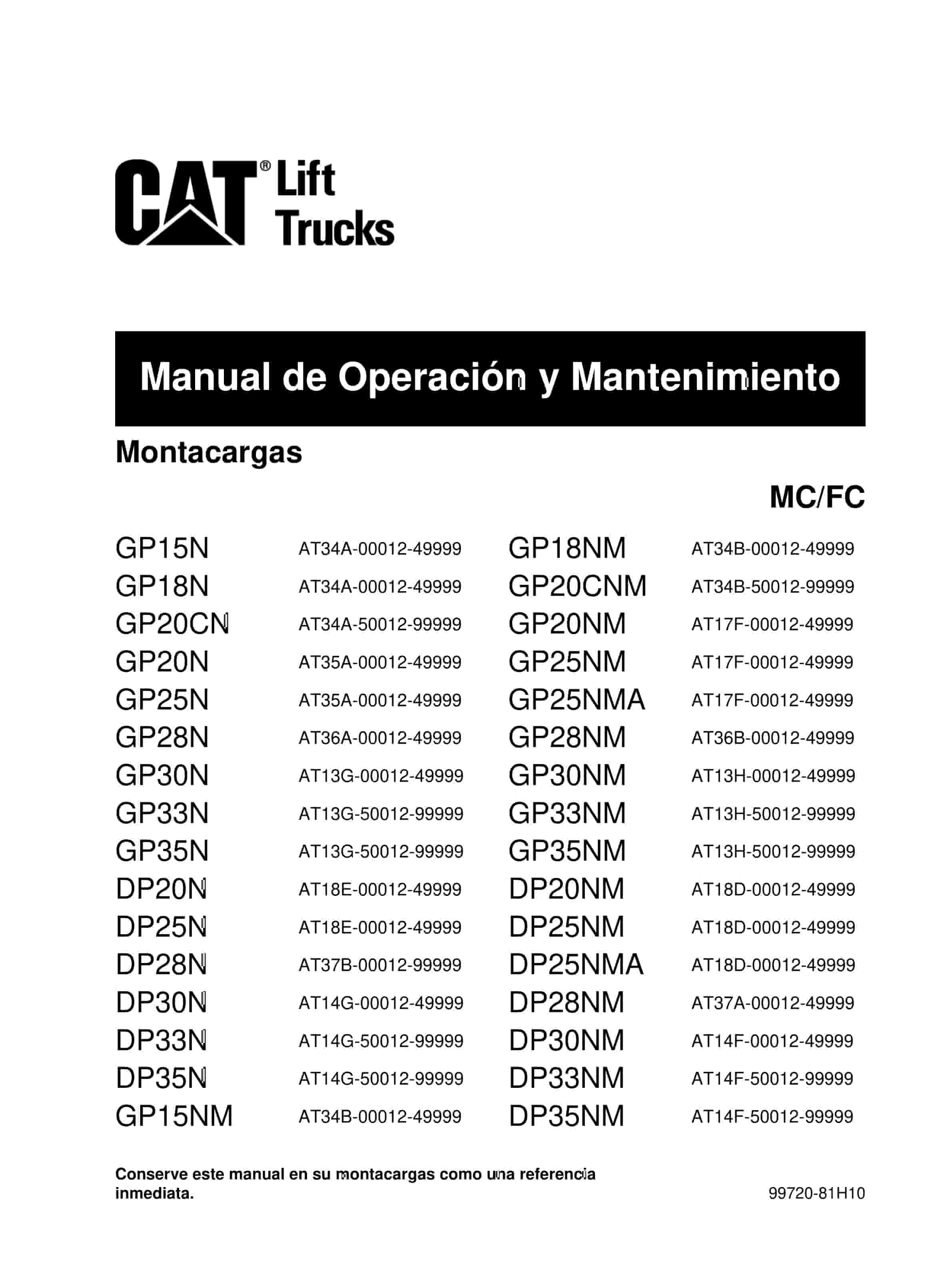 Caterpillar GP15N-35NM, DP20N-35NM Lift Trucks Operation and Maintenance Manual 99720-81H10 ES 1 Caterpillar GP15N-35NM, DP20N-35NM Lift Trucks Operation and Maintenance Manual 99720-81H10 ES