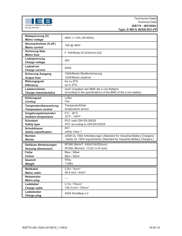 Caterpillar IEB Battery Charger Data Sheet DCLAA-D7709-210-3
