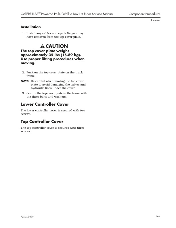 Caterpillar NPS60, NPS80 Powered Pallet Walkie Low Lift Rider Service Manual SENB6767-2