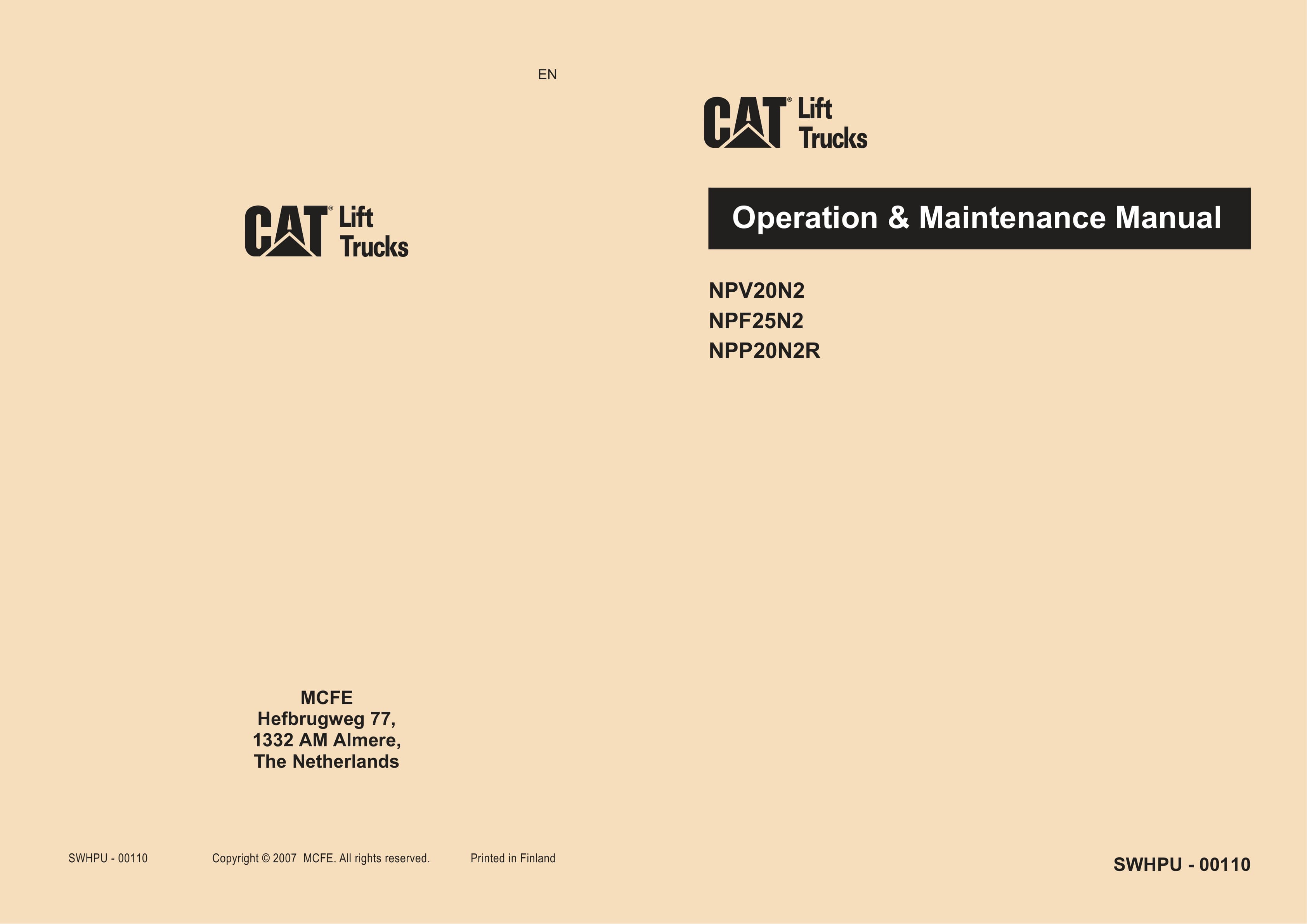 Caterpillar NPV20N2, NPF25N2, NPP20N2R Operation and Maintenance Manual SWHPU-00110