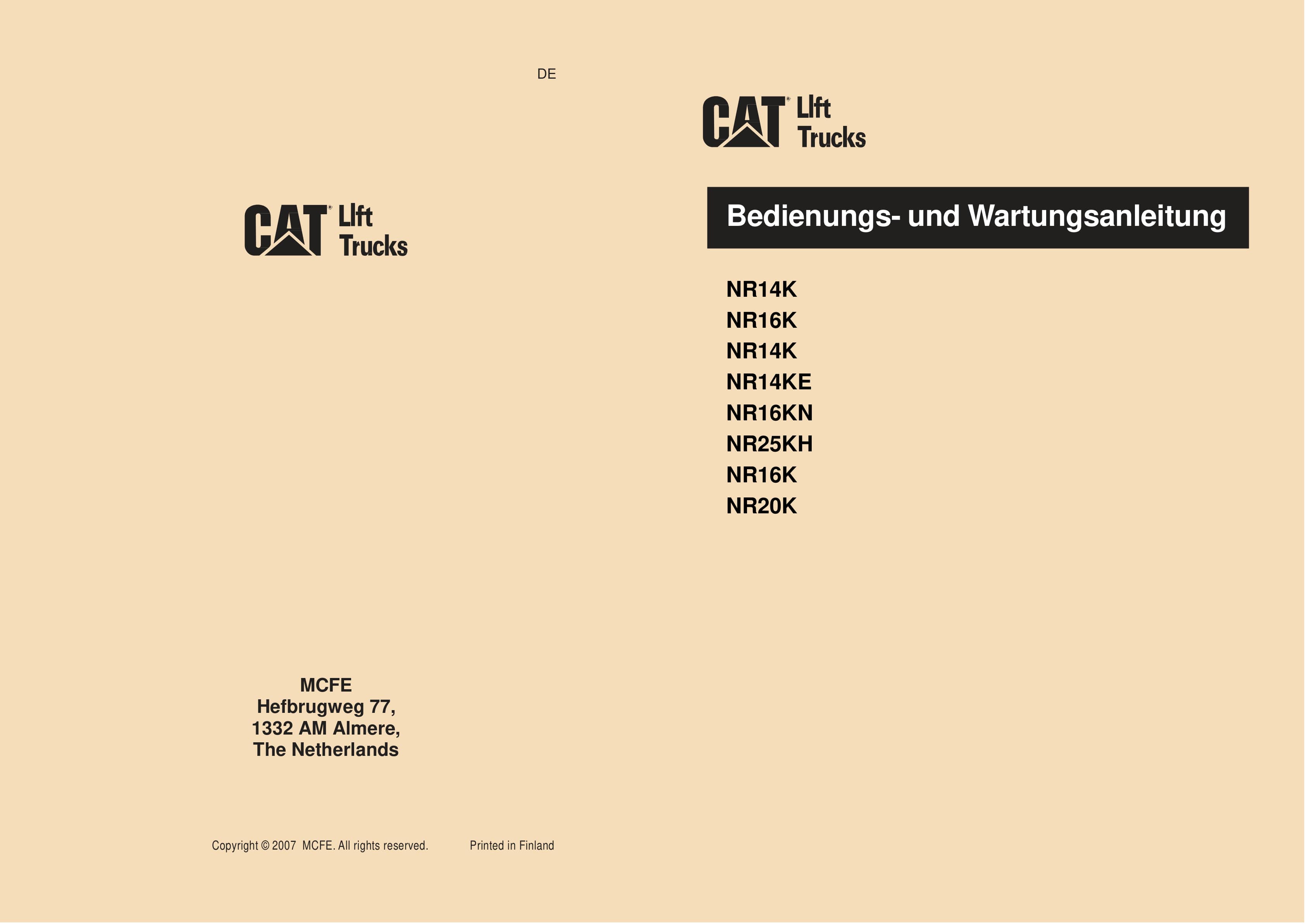 Caterpillar NR14K, NR14KE, NR16K, NR16KN, NR20K, NR25KH Operation and Maintenance Manual WHOMM0029 DE