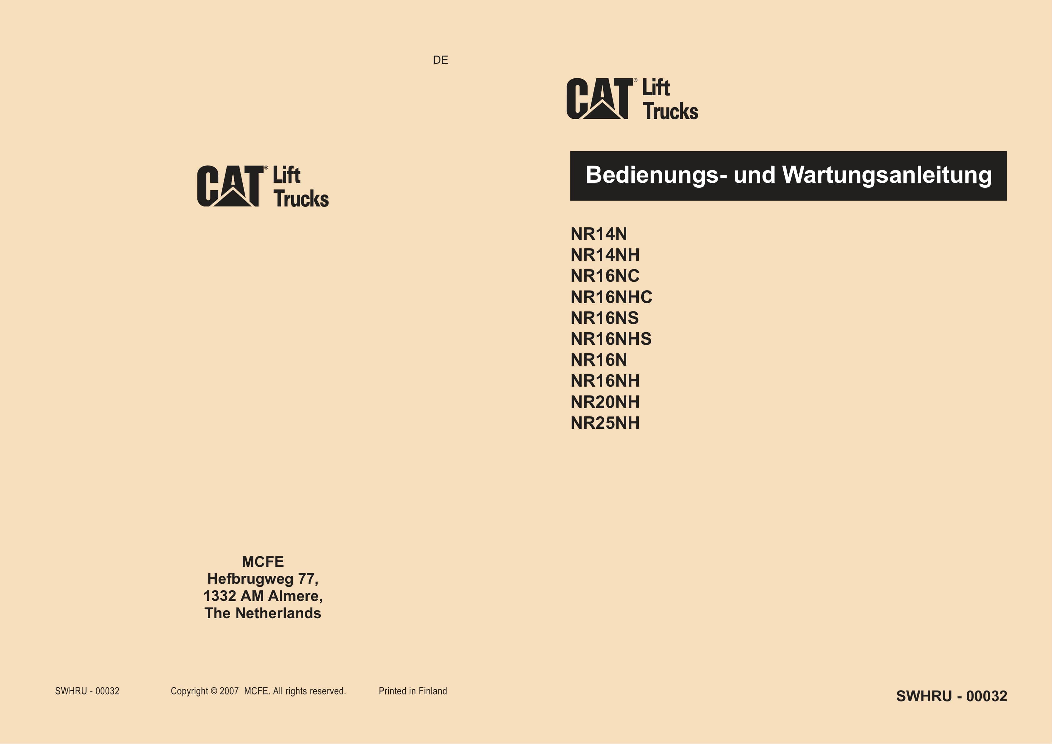 Caterpillar NR14N to NR25NH Operation and Maintenance Manual SWHRU-00032 DE