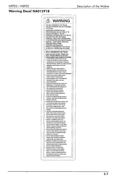 Caterpillar NSP22, NFP22 Operation and Maintenance, Parts and Service Manual SEBN2734-01 2 Caterpillar NSP22, NFP22 Operation and Maintenance, Parts and Service Manual SEBN2734-01-2