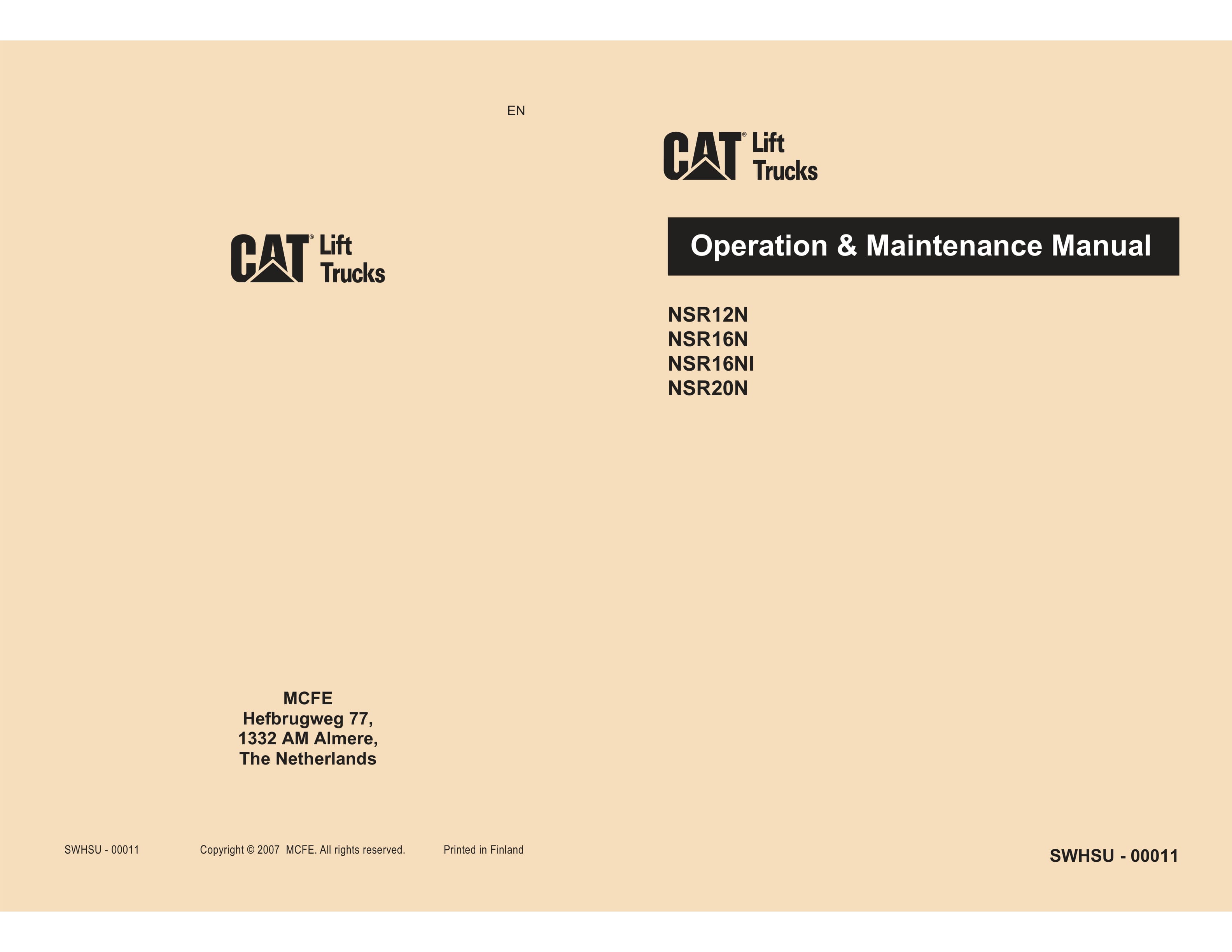 Caterpillar NSR12N, NSR16N, NSR16NI, NSR20N Operation and Maintenance Manual SWHSU-00011
