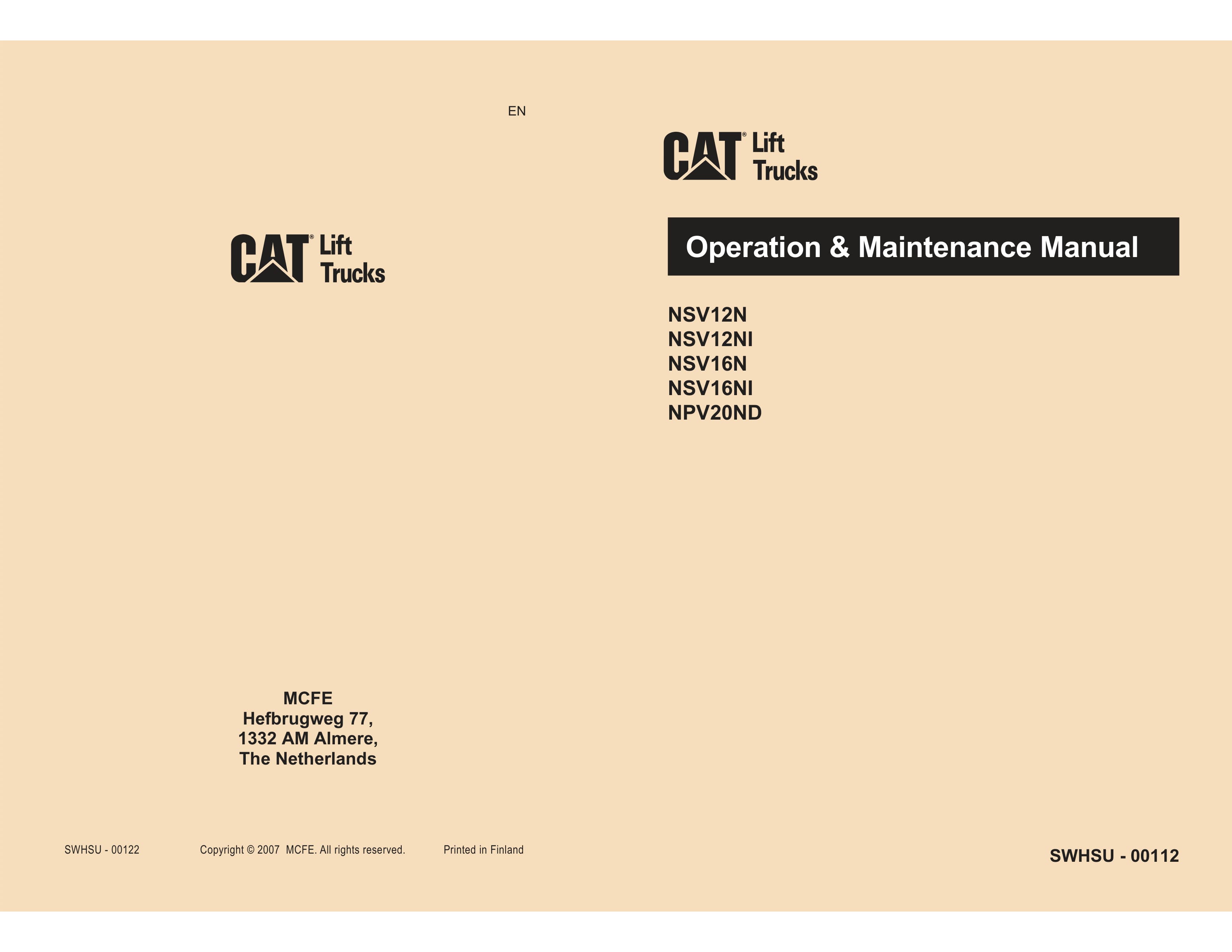 Caterpillar NSV12N, NSV12NI, NSV16N, NSV16NI, NPV20ND Operation and Maintenance Manual SWHSU-00112