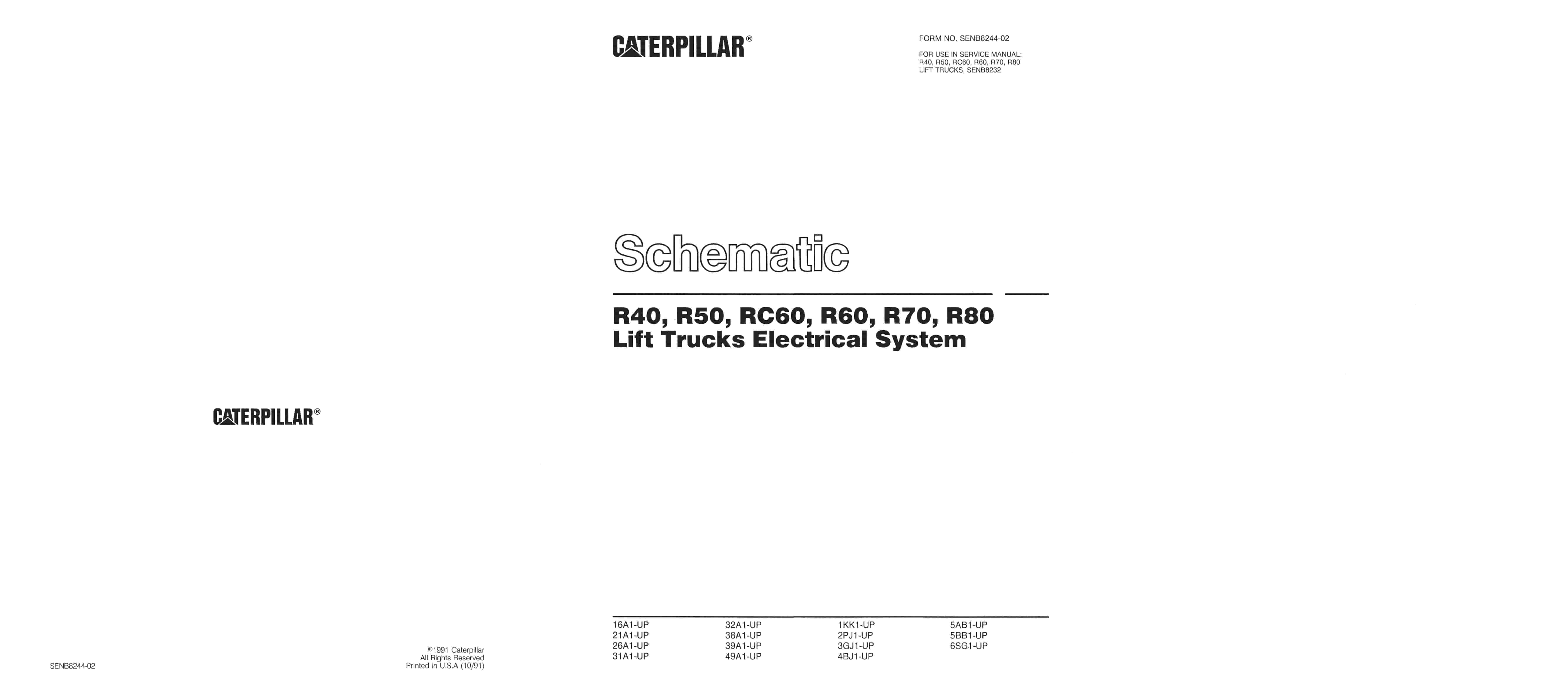 Caterpillar R40, R50, RC60, R60, R70, R80 Lift Trucks Electrical System Schematic SENB8244-02