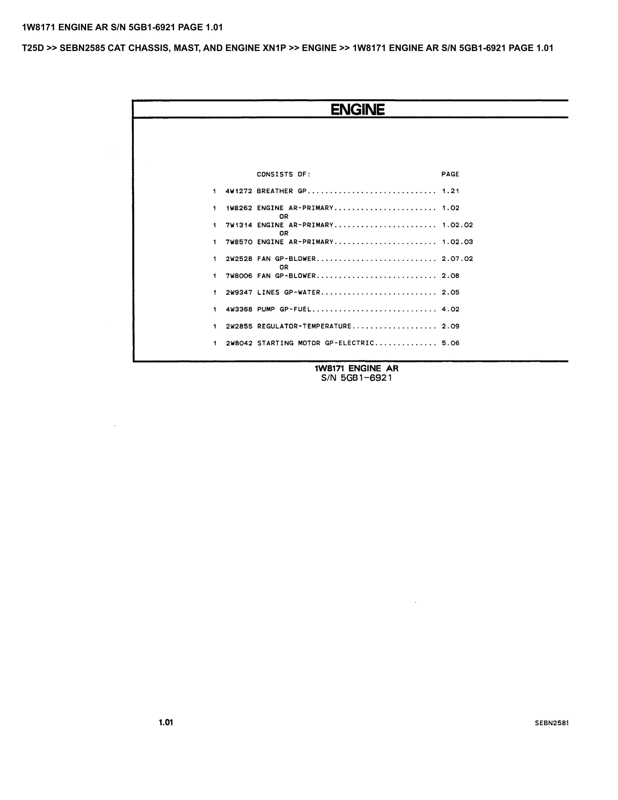 Caterpillar T25D Parts Manual SEBN2585