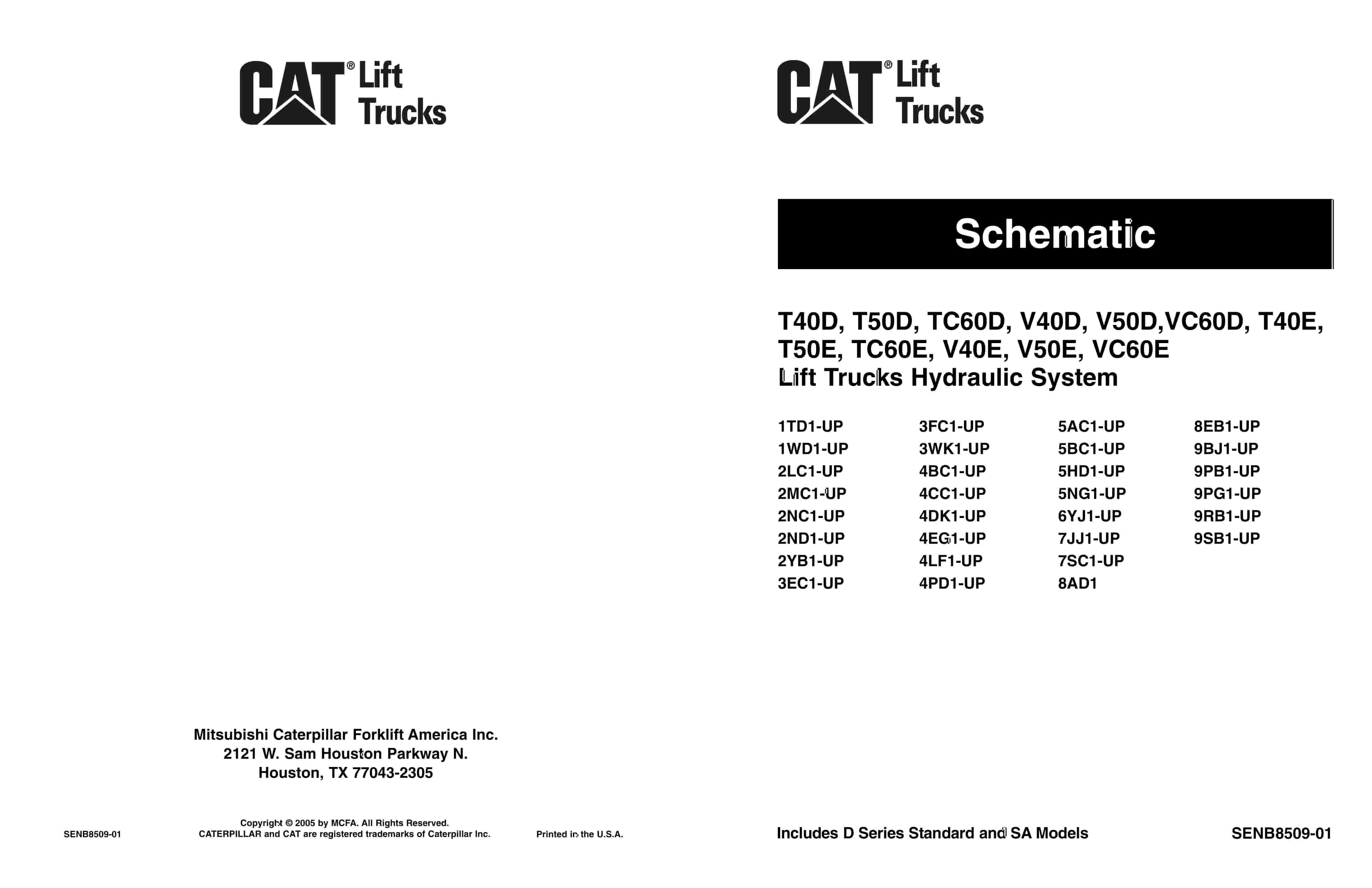 Caterpillar T40D to VC60E Lift Trucks Hydraulic System Schematic SENB8509-01