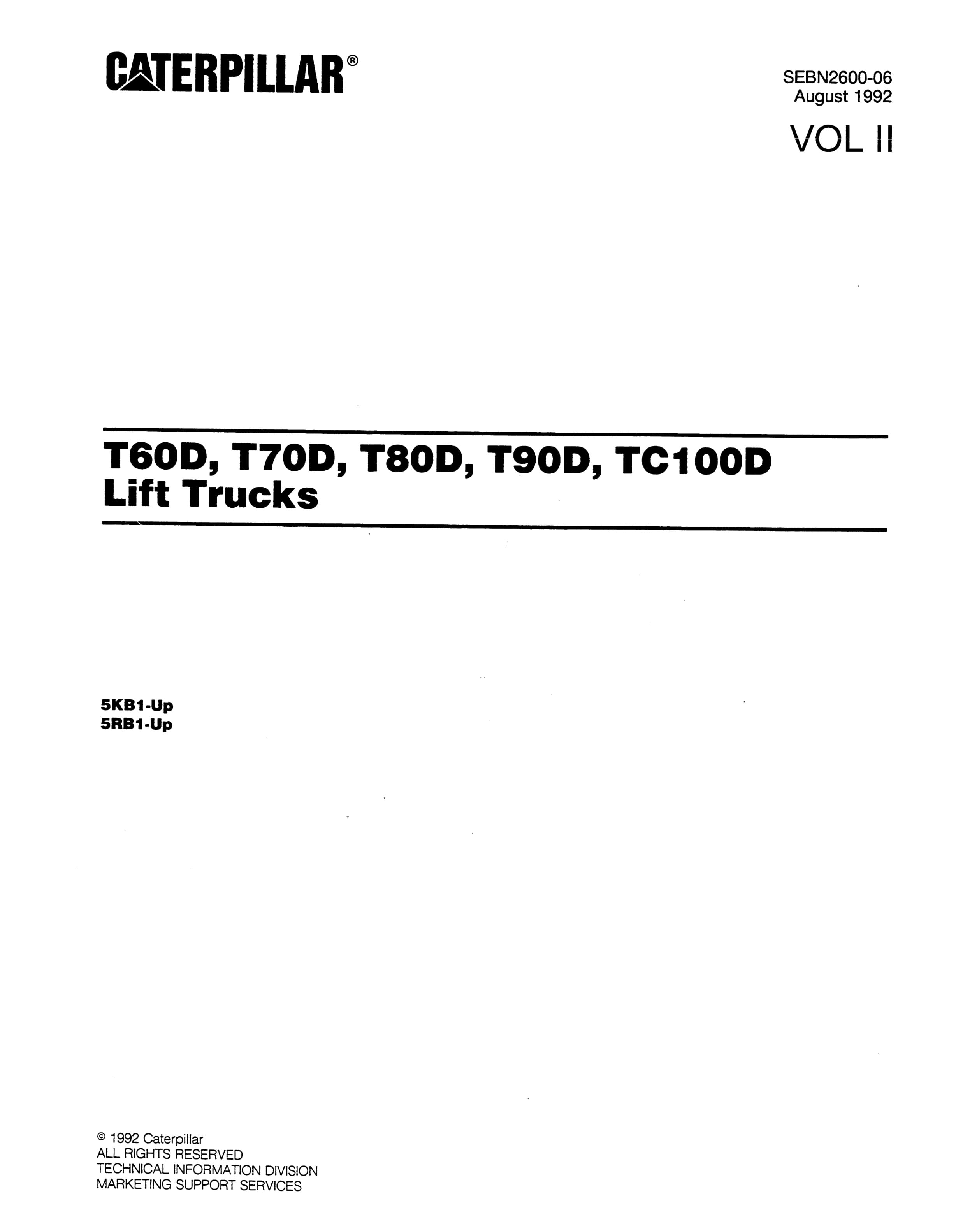 Caterpillar T60D, T70D, T80D, T90D, TC100D Lift Trucks Parts Manual SEBN2600-06