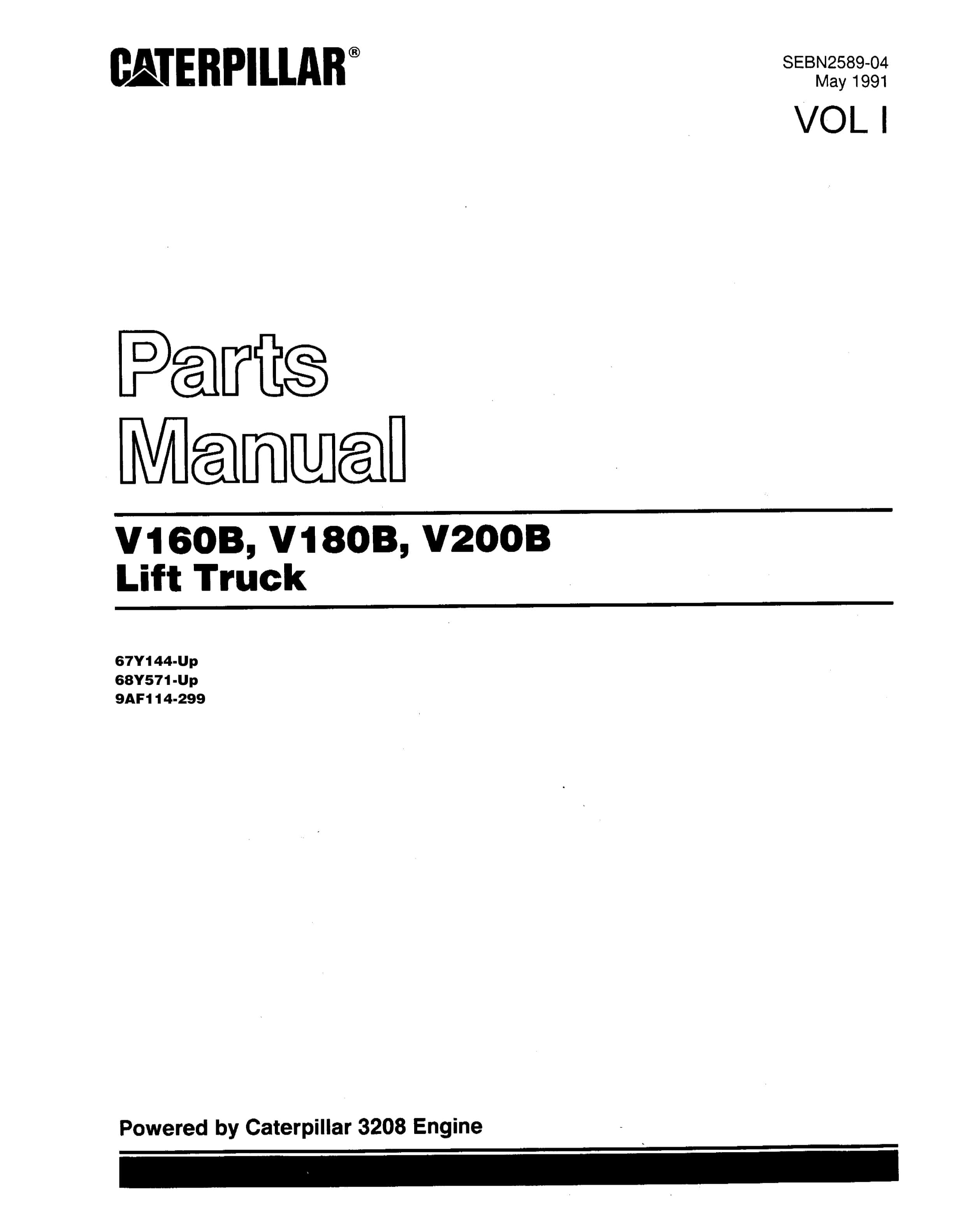 Caterpillar V160B, V180B, V200B Lift Trucks Parts Manual SEBN2589-04