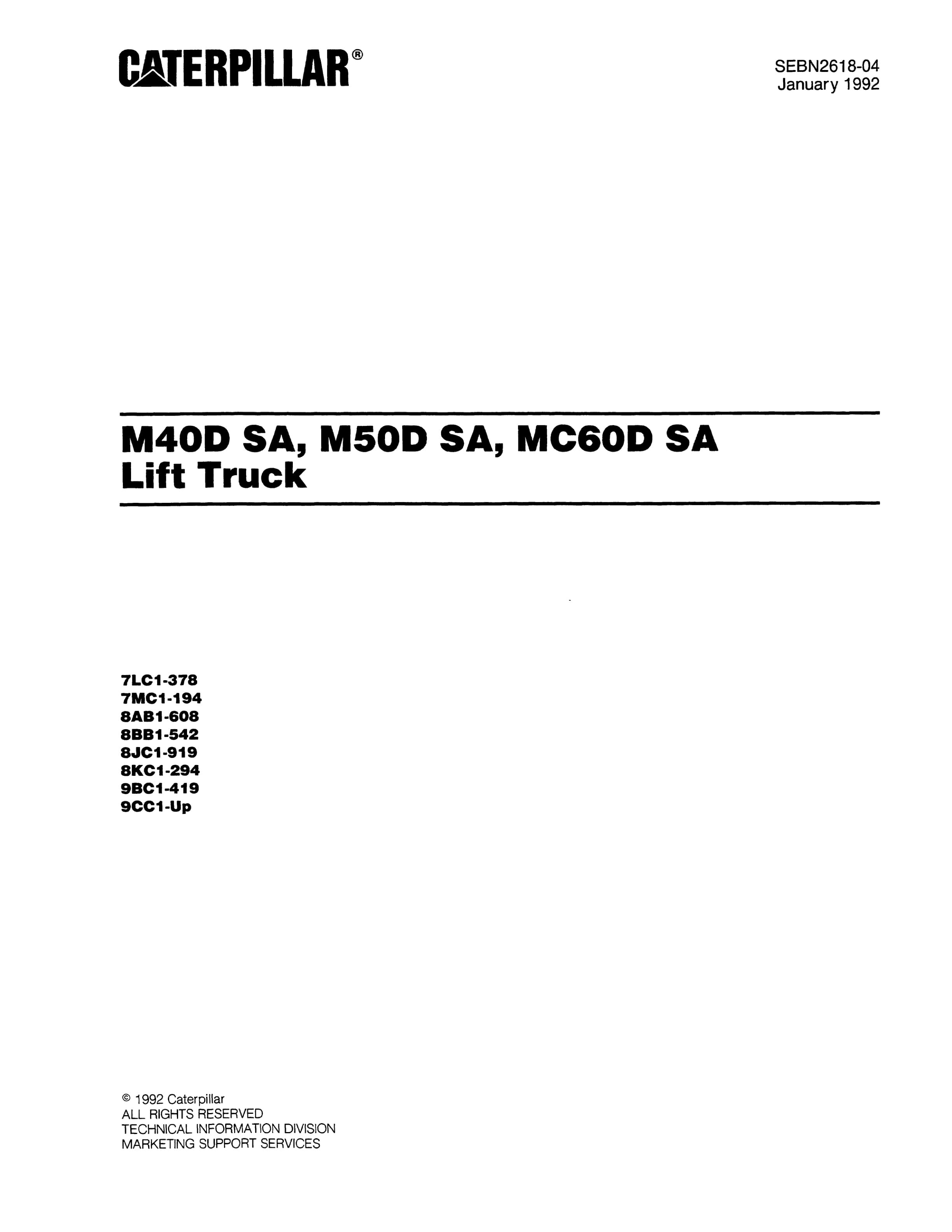Caterpillar V40DSA, V50DSA, VC60DSA Lift Trucks Parts Manual SEBN2618-04