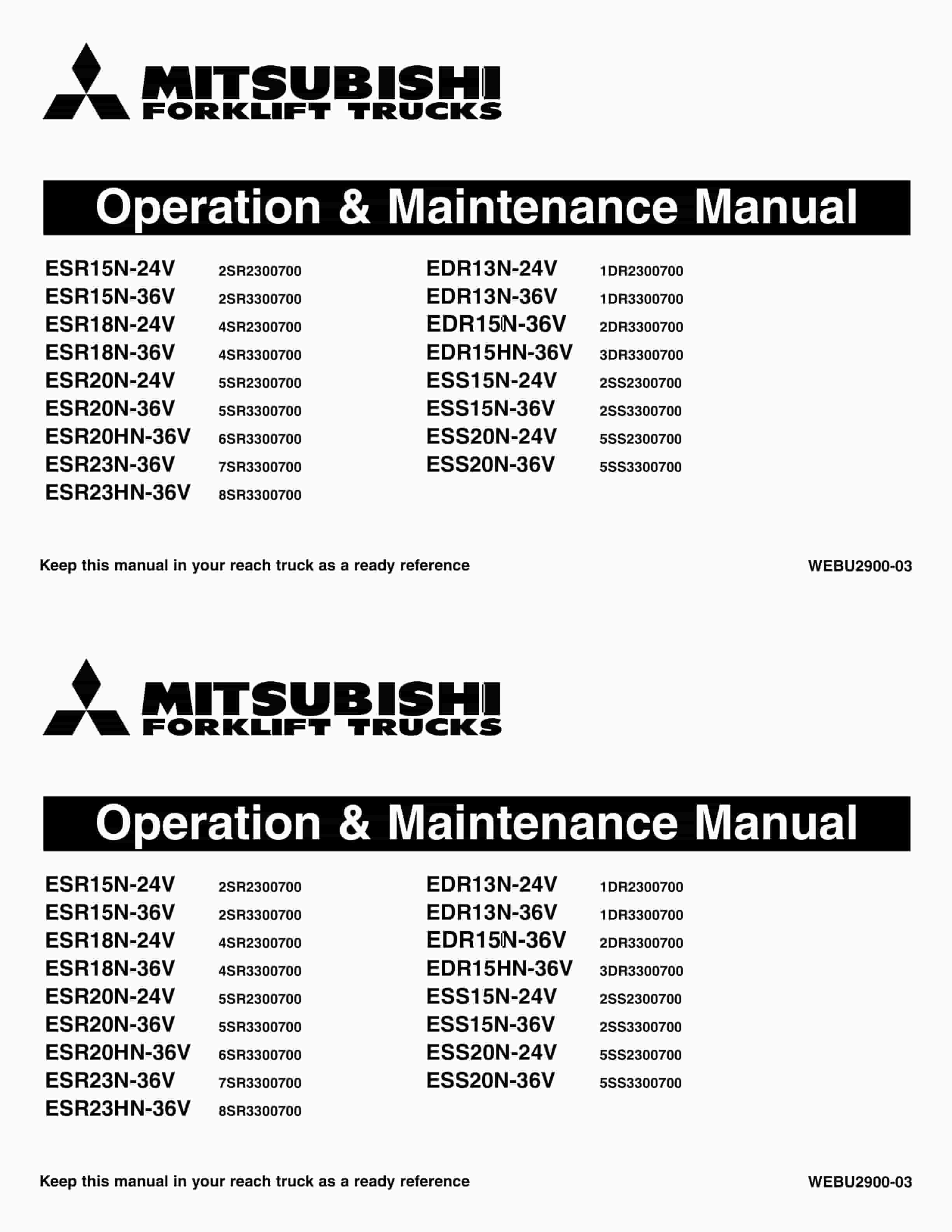 Mitsubishi ESR15N-24V - 23HN-36V, EDR13N-24V - 15HN-36V, ESS15N-24V - 20N-36V Operation and Maintenance Manual WEBU2900-03