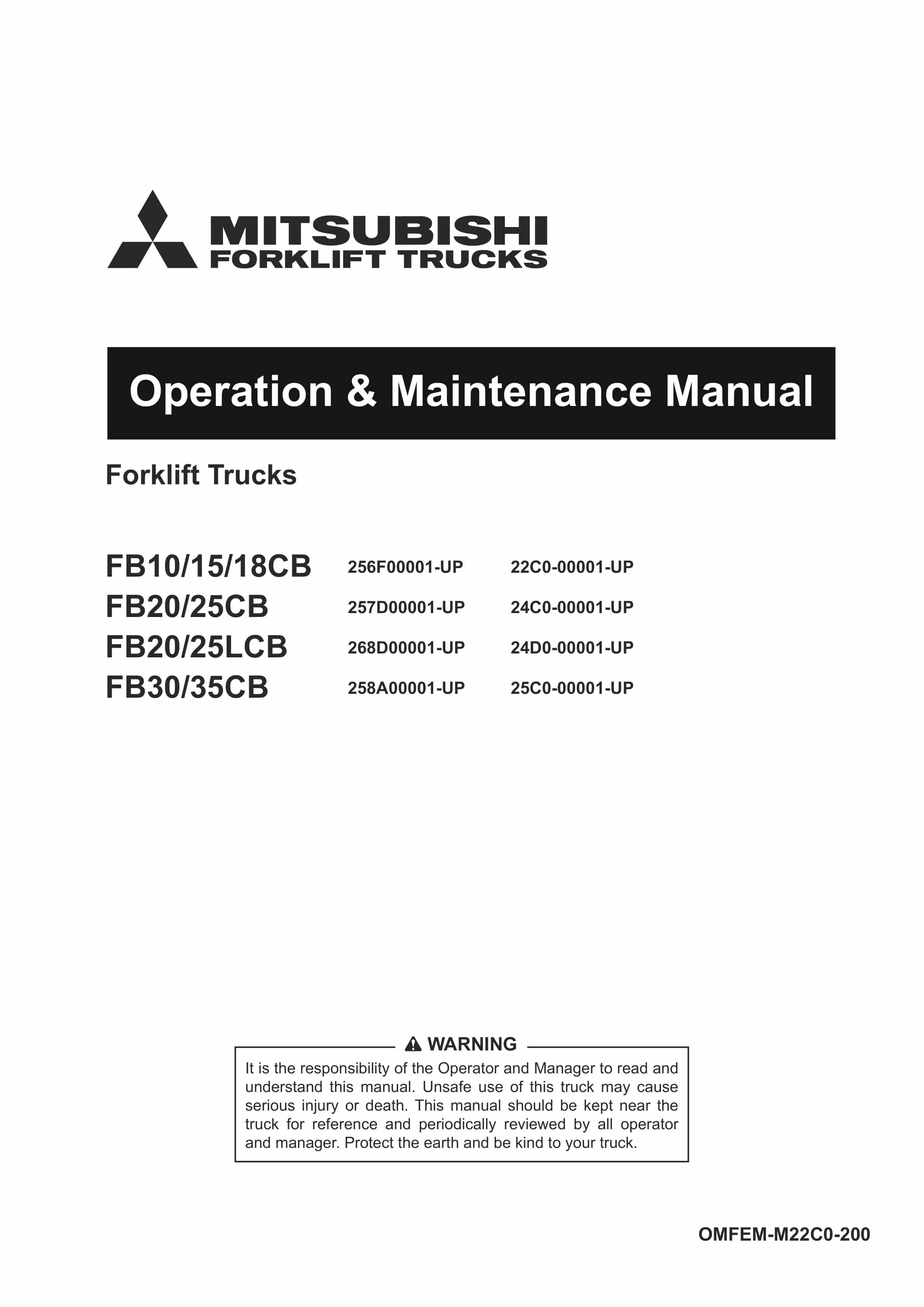 Mitsubishi FB10CB-35CB, FB20-25LCB Forklift Trucks Operation and Maintenance Manual OMFEM-M22C0-200