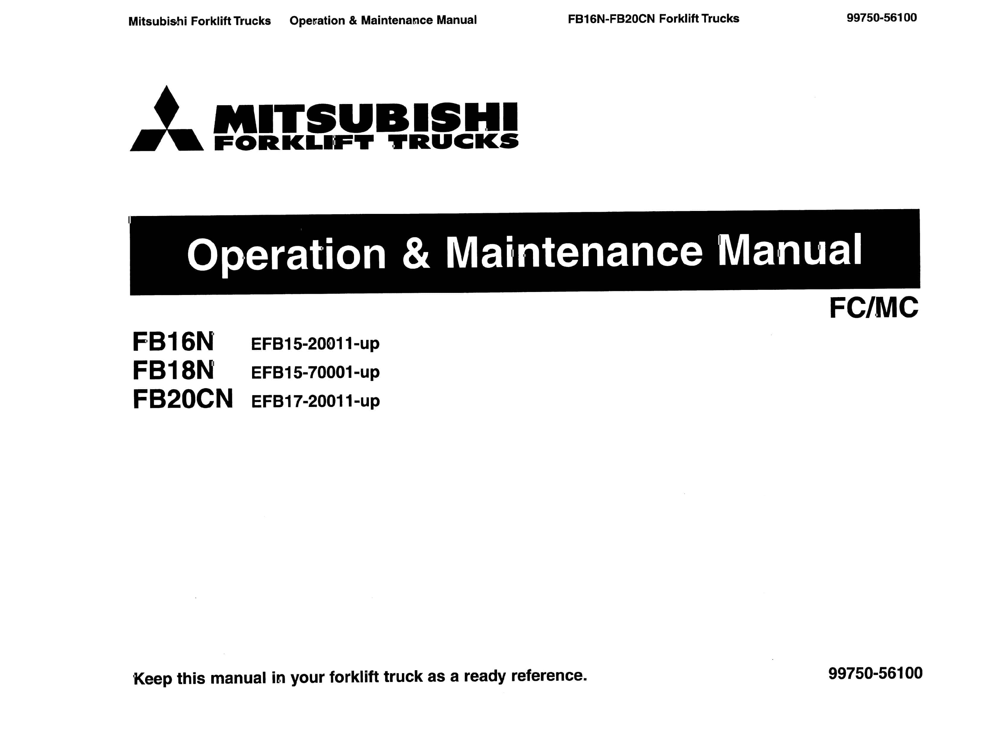 Mitsubishi FB16N, FB18N, FB20CN Forklift Trucks Operation and Maintenance Manual 99750-56100