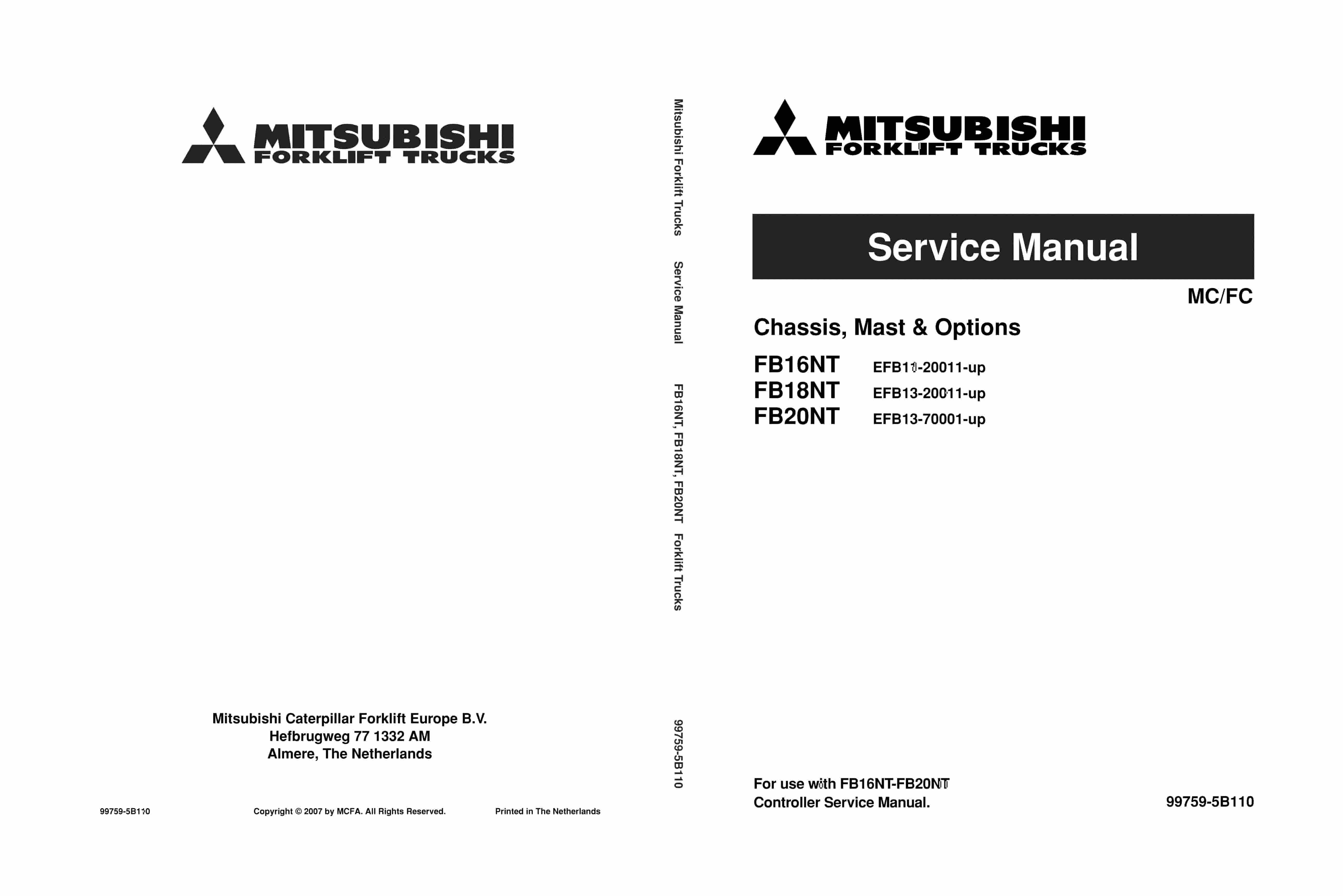 Mitsubishi FB16NT, FB18NT, FB20NT Chassis, Mast and Options Service Manual 99759-5B110