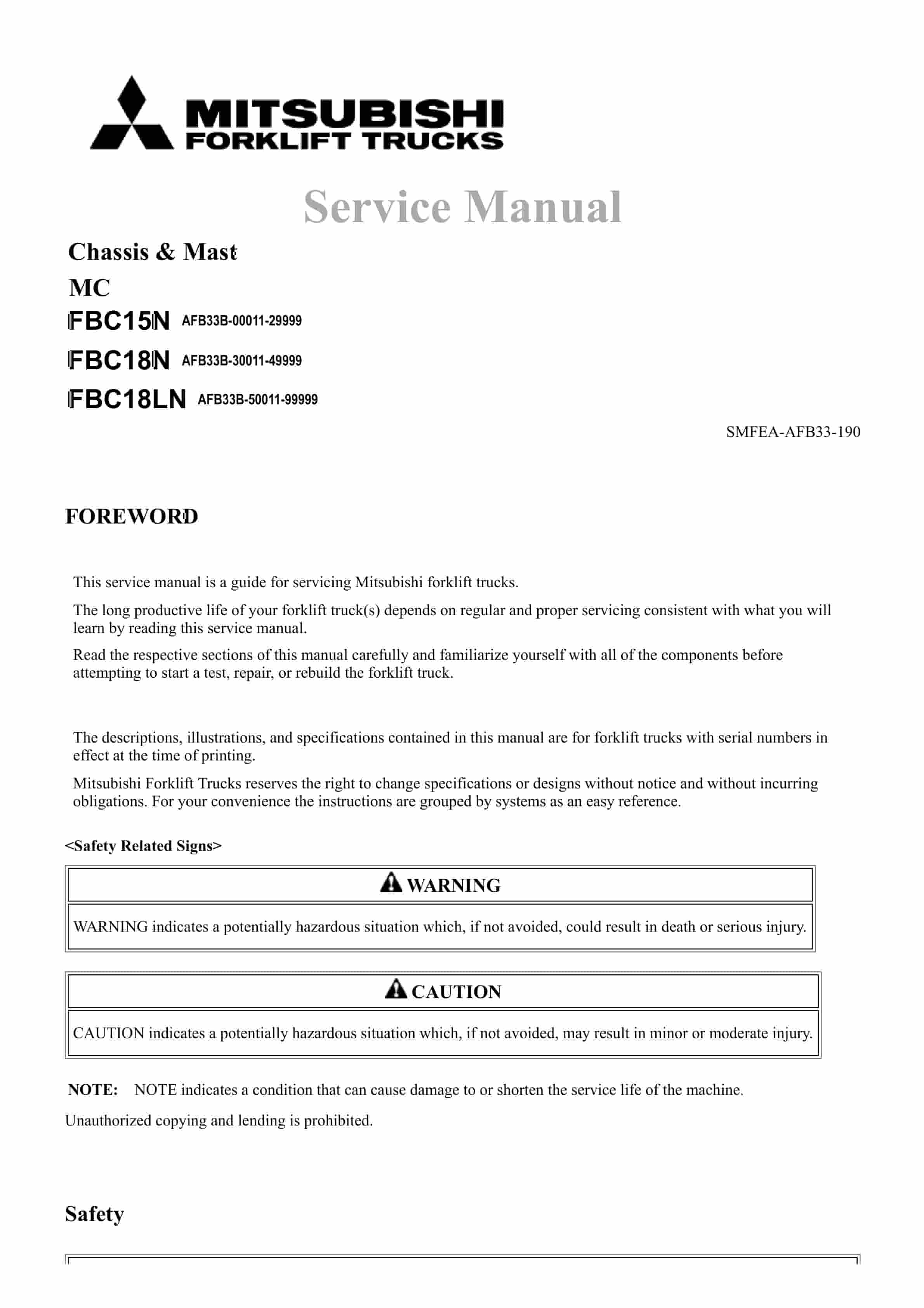 Mitsubishi FBC15N, FBC18N, FBC18LN Chassis and Mast Service Manual SMFEA-AFB33-190