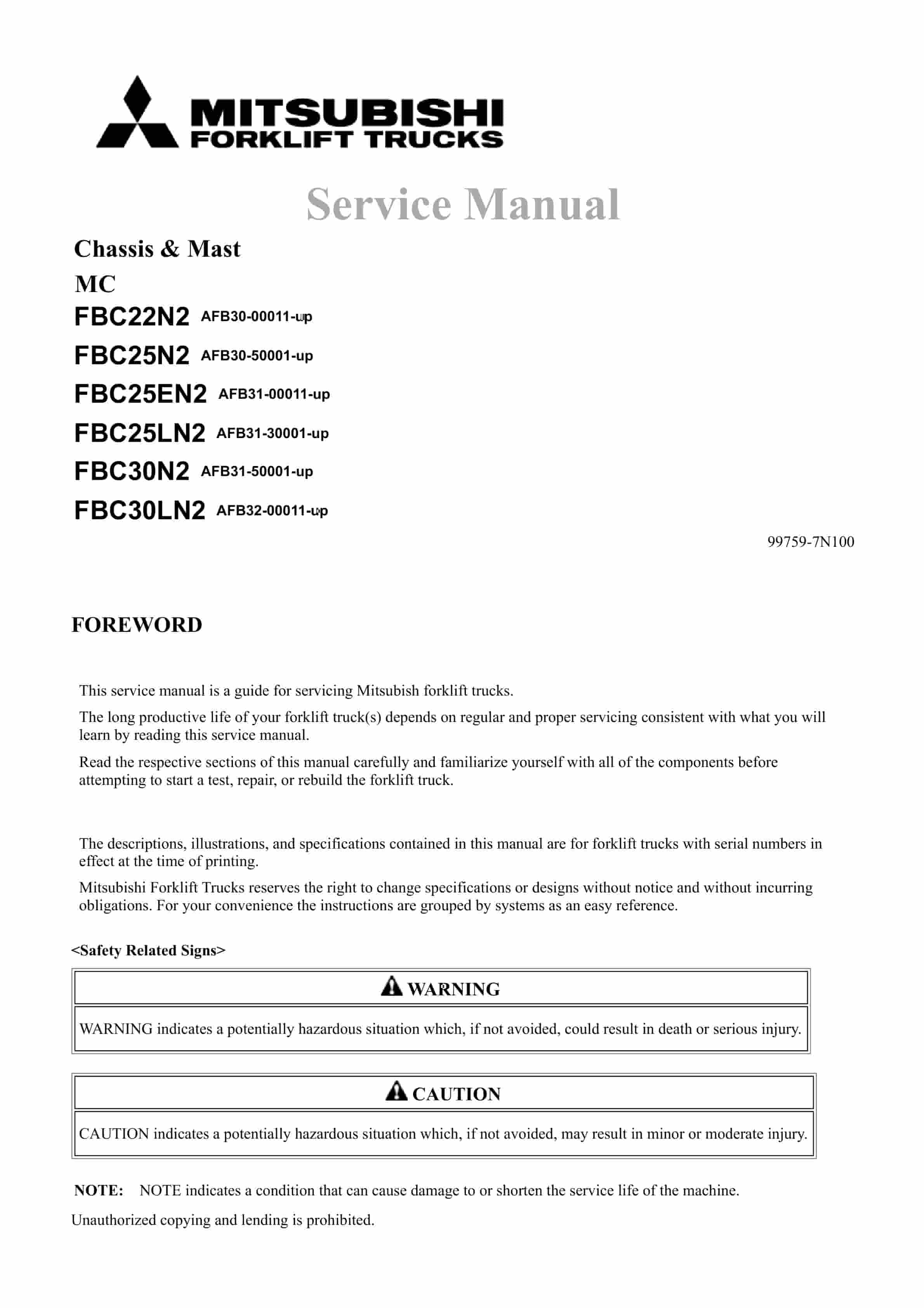 Mitsubishi FBC22N2 to FBC30LN2 Chassis and Mast Service Manual 99759-7N100