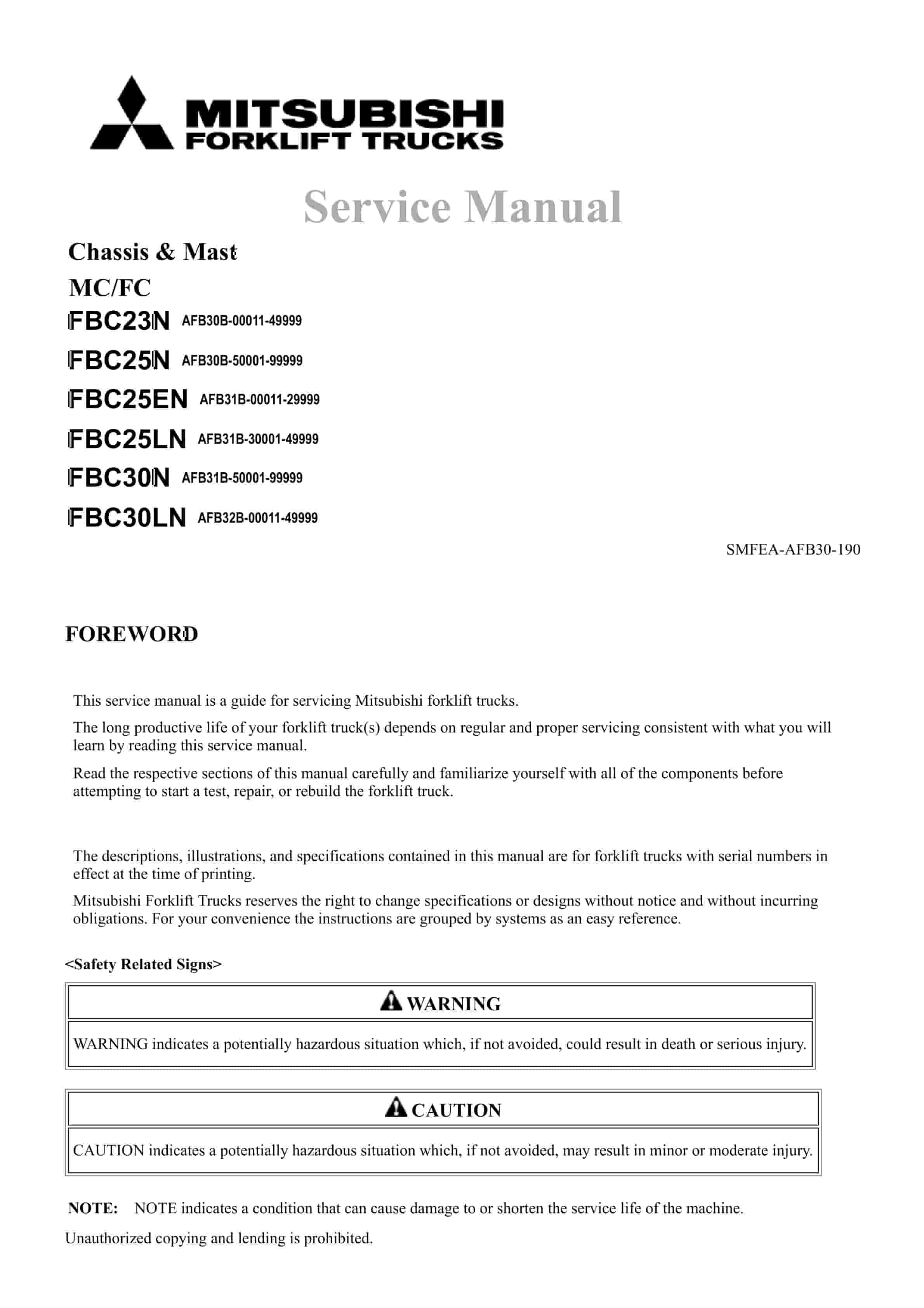 Mitsubishi FBC23N, FBC25N, FBC25EN, FBC25LN, FBC30N, FBC30LN Chassis and Mast Service Manual SMFEA-AFB30-190