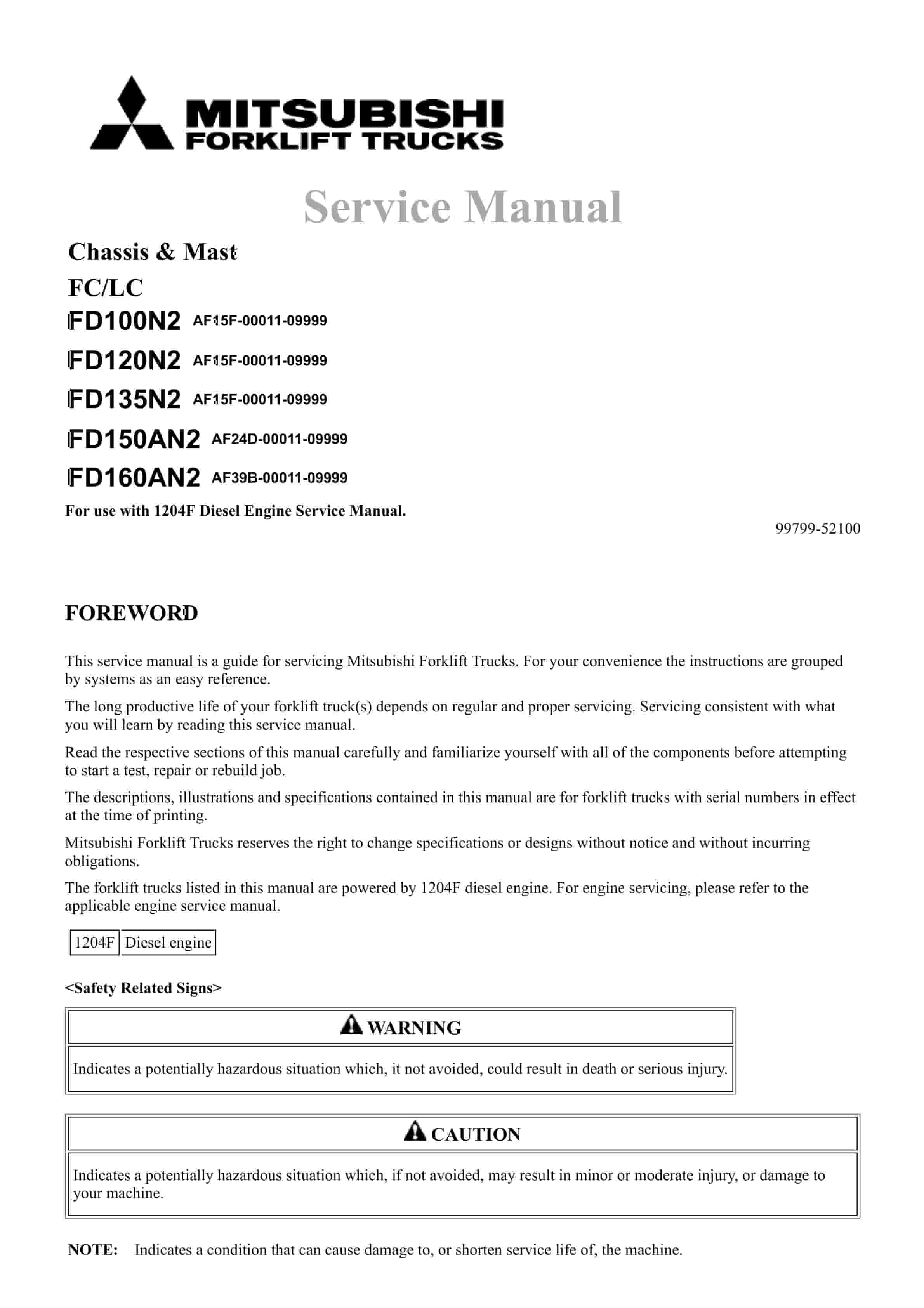 Mitsubishi FD100N2 to FD160AN2 Chassis and Mast Service Manual 99799-52100