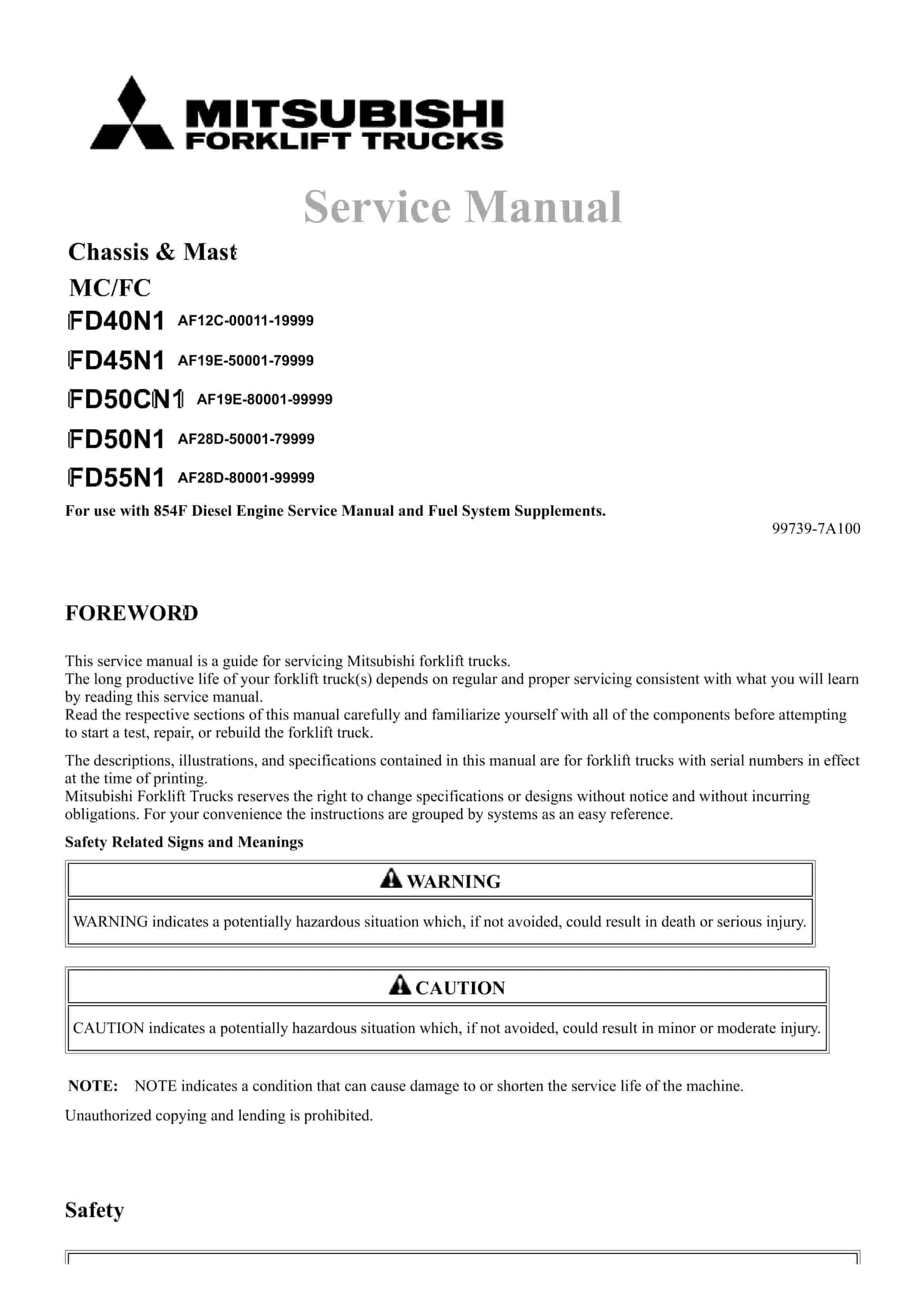 Mitsubishi FD40N1 to FD55N1 Chassis and Mast Service Manual 99739-7A100