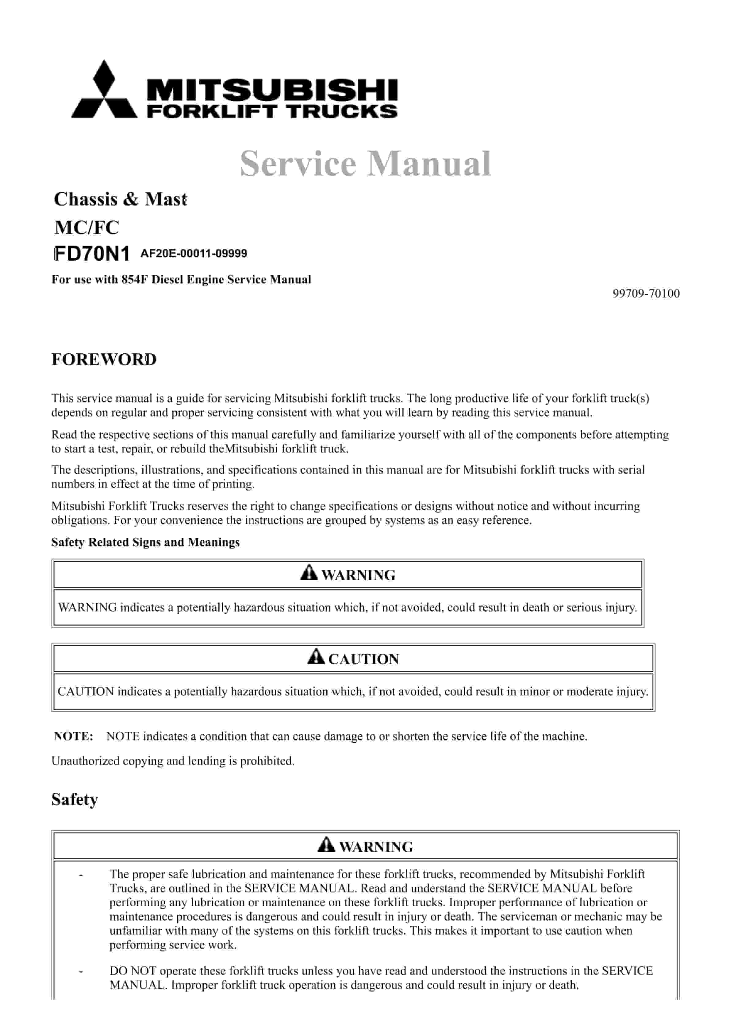 Mitsubishi FD70N1 Chassis and Mast Service Manual 99709-70100