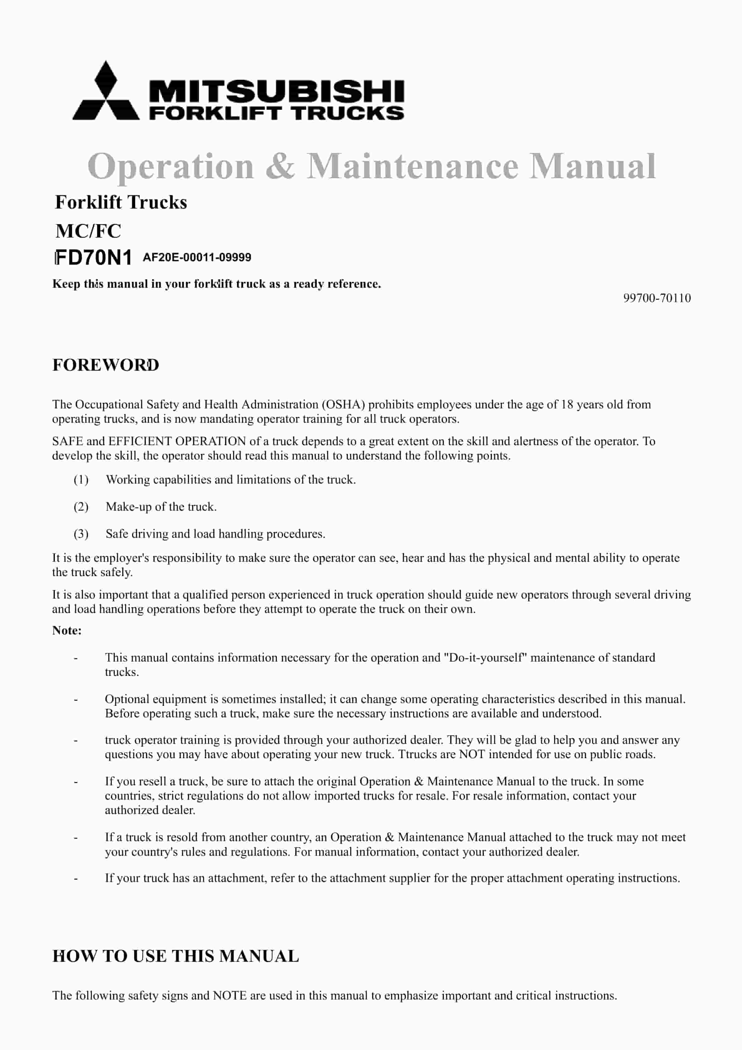 Mitsubishi FD70N1 Forklift Trucks Operation and Maintenance Manual 99700-70110 1 Mitsubishi FD70N1 Forklift Trucks Operation and Maintenance Manual 99700-70110