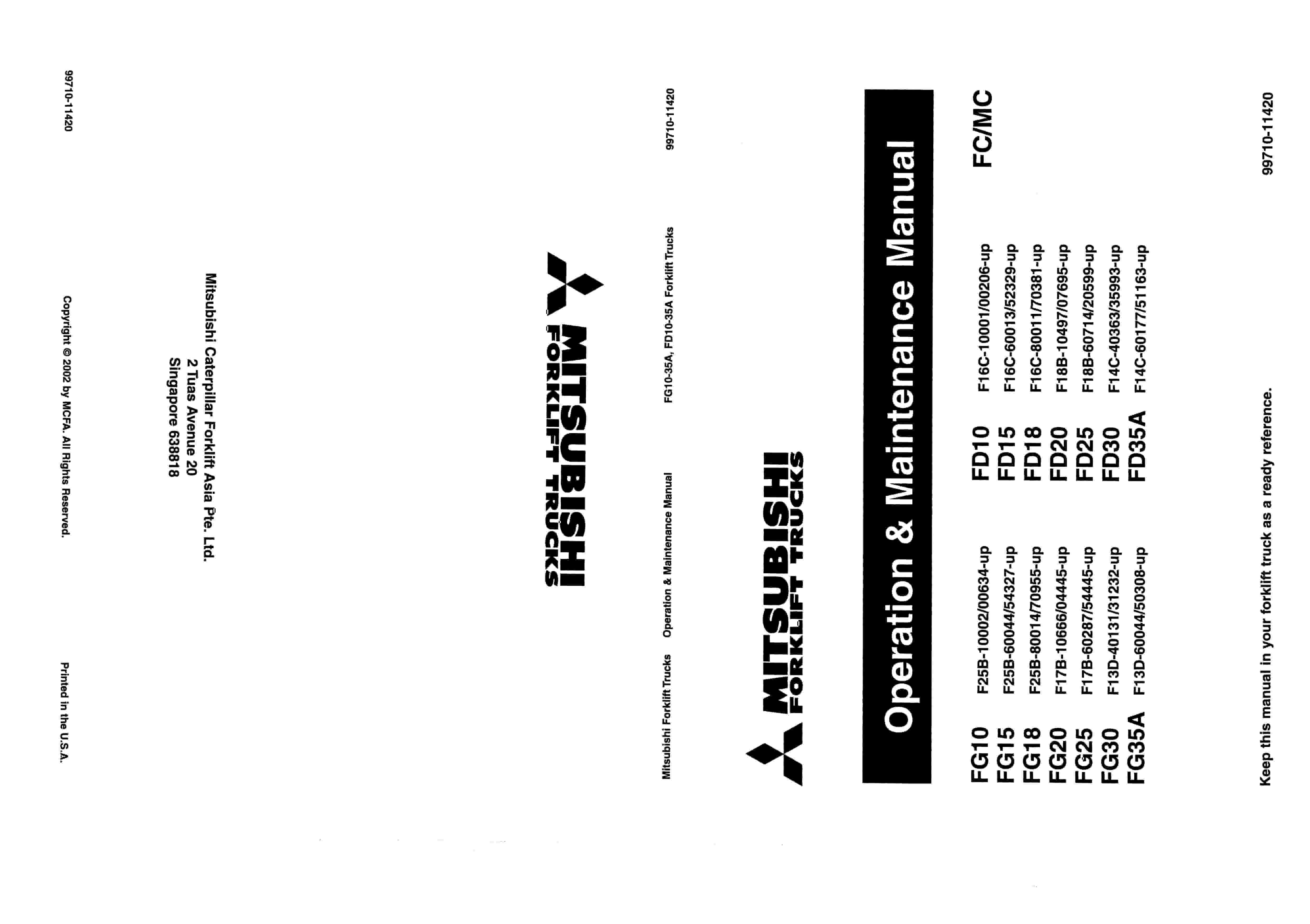 Mitsubishi FG-FD 10-35A Operation and Maintenance Manual 99710-11420 1 Mitsubishi FG-FD 10-35A Operation and Maintenance Manual 99710-11420