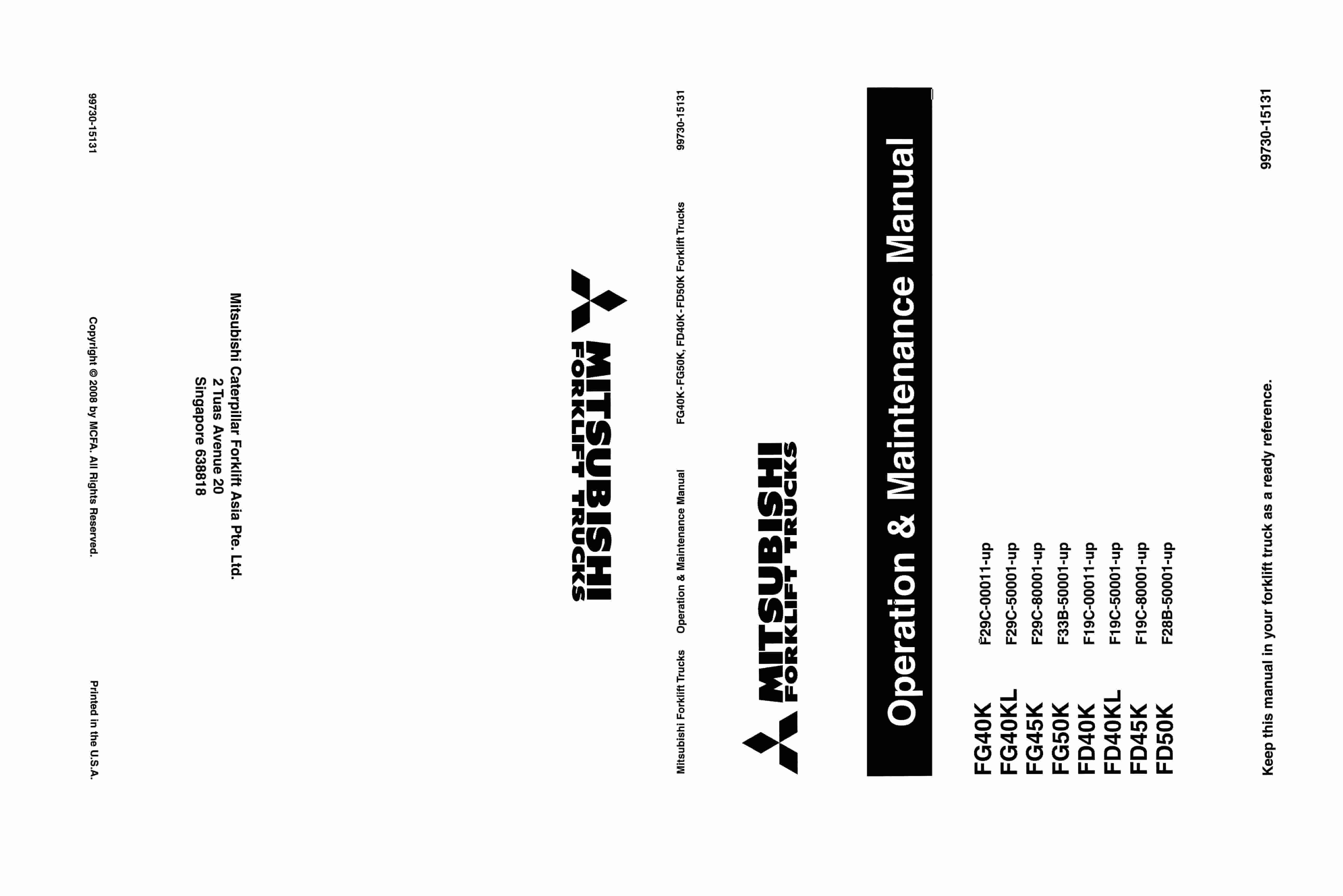 Mitsubishi FG-FD 40K-50K Operation and Maintenance Manual 99730-15131 1 Mitsubishi FG-FD 40K-50K Operation and Maintenance Manual 99730-15131