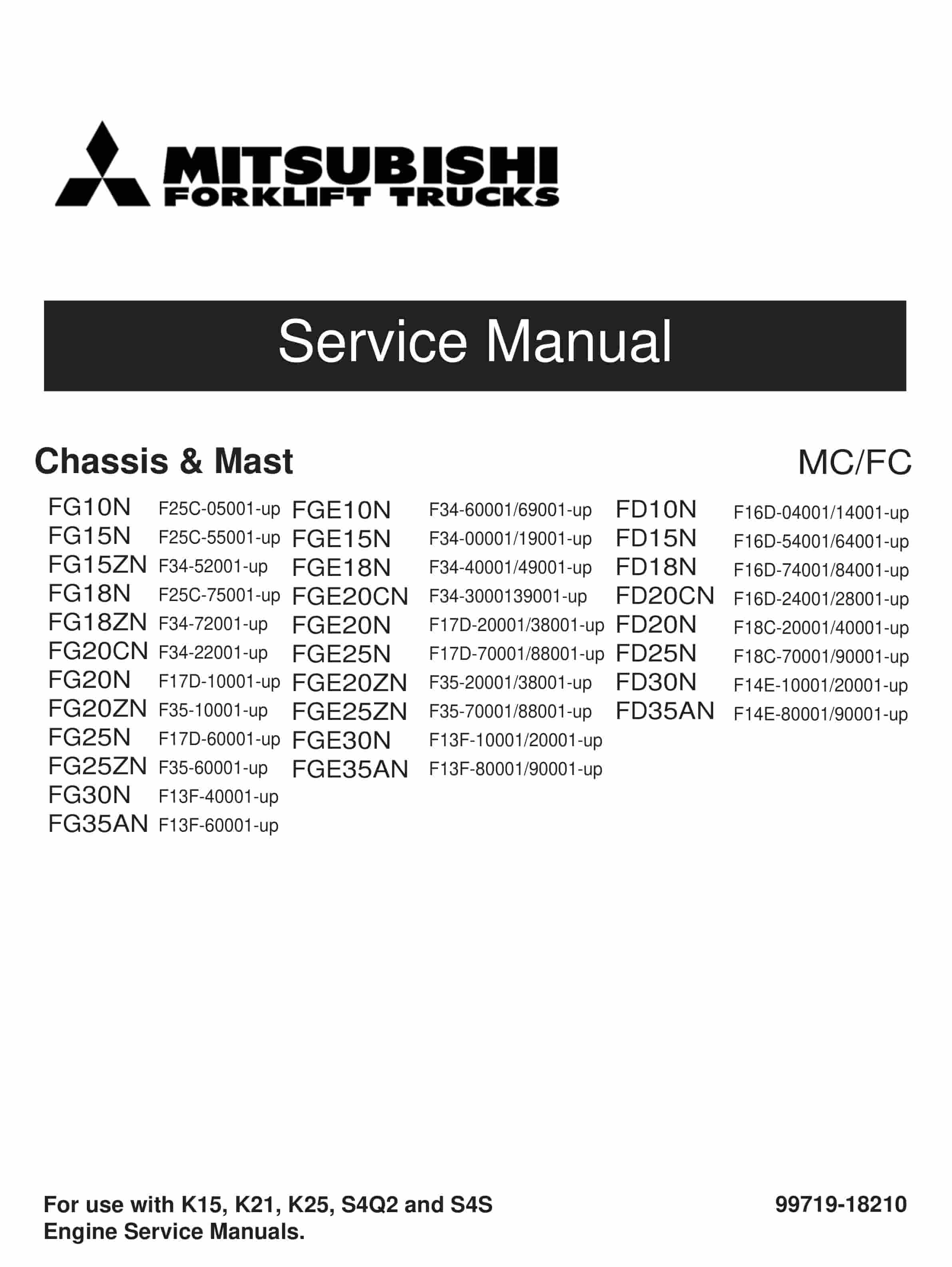 Mitsubishi FG10N-35AN, FGE10N-35AN, FD10N-35AN Chassis and Mast Service Manual 99719-18210