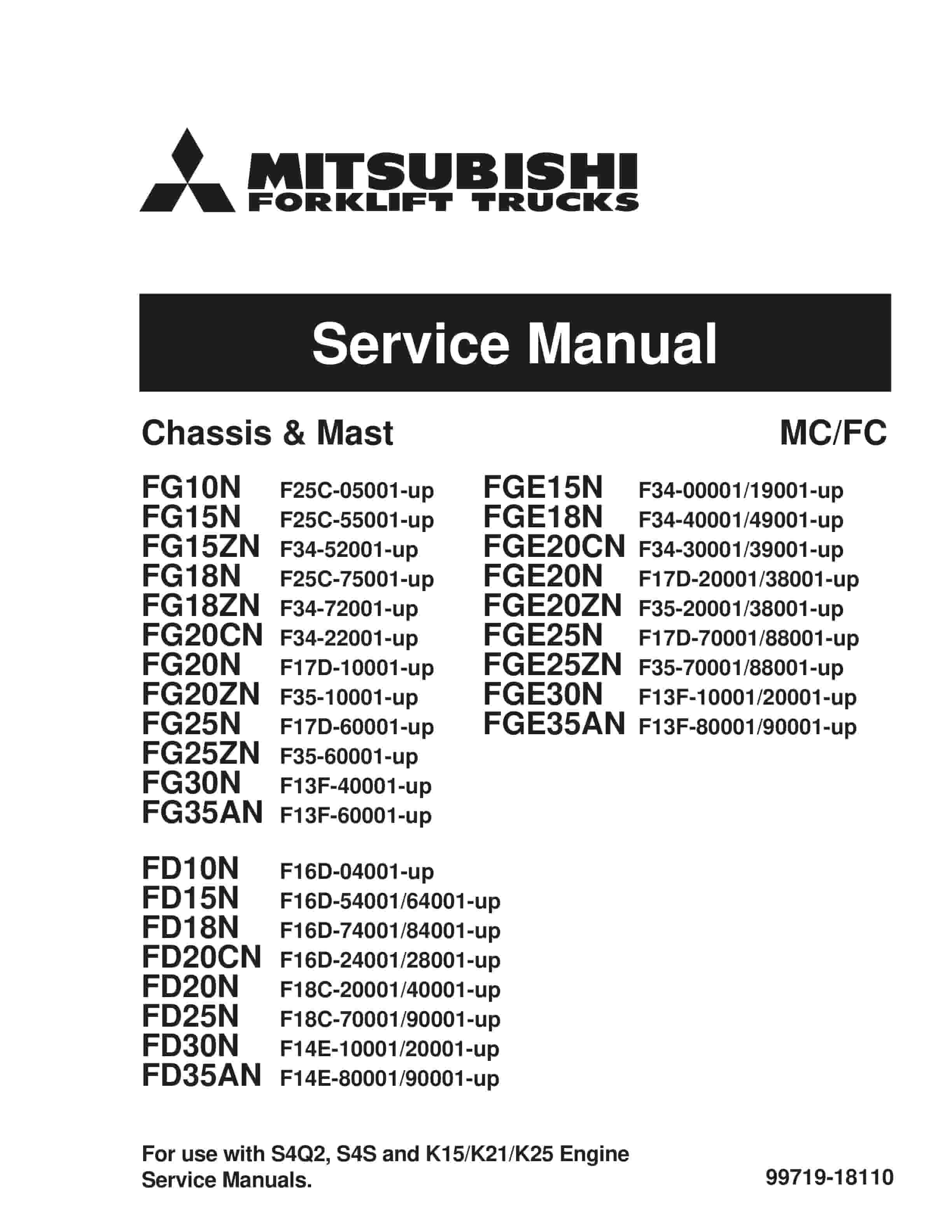 Mitsubishi FG10N-35AN, FGE15N-35AN, FD10N-35AN Chassis and Mast Service Manual 99719-18110