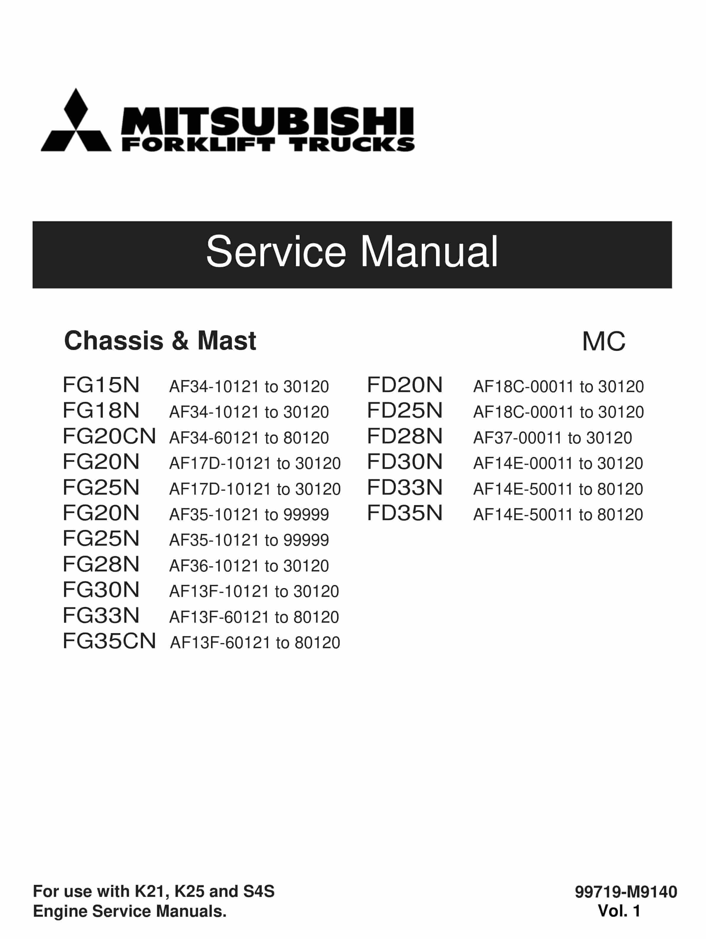 Mitsubishi FG15N-35CN, FD20N-35N Chassis and Mast Service Manual 99719-M9140 Vol 1
