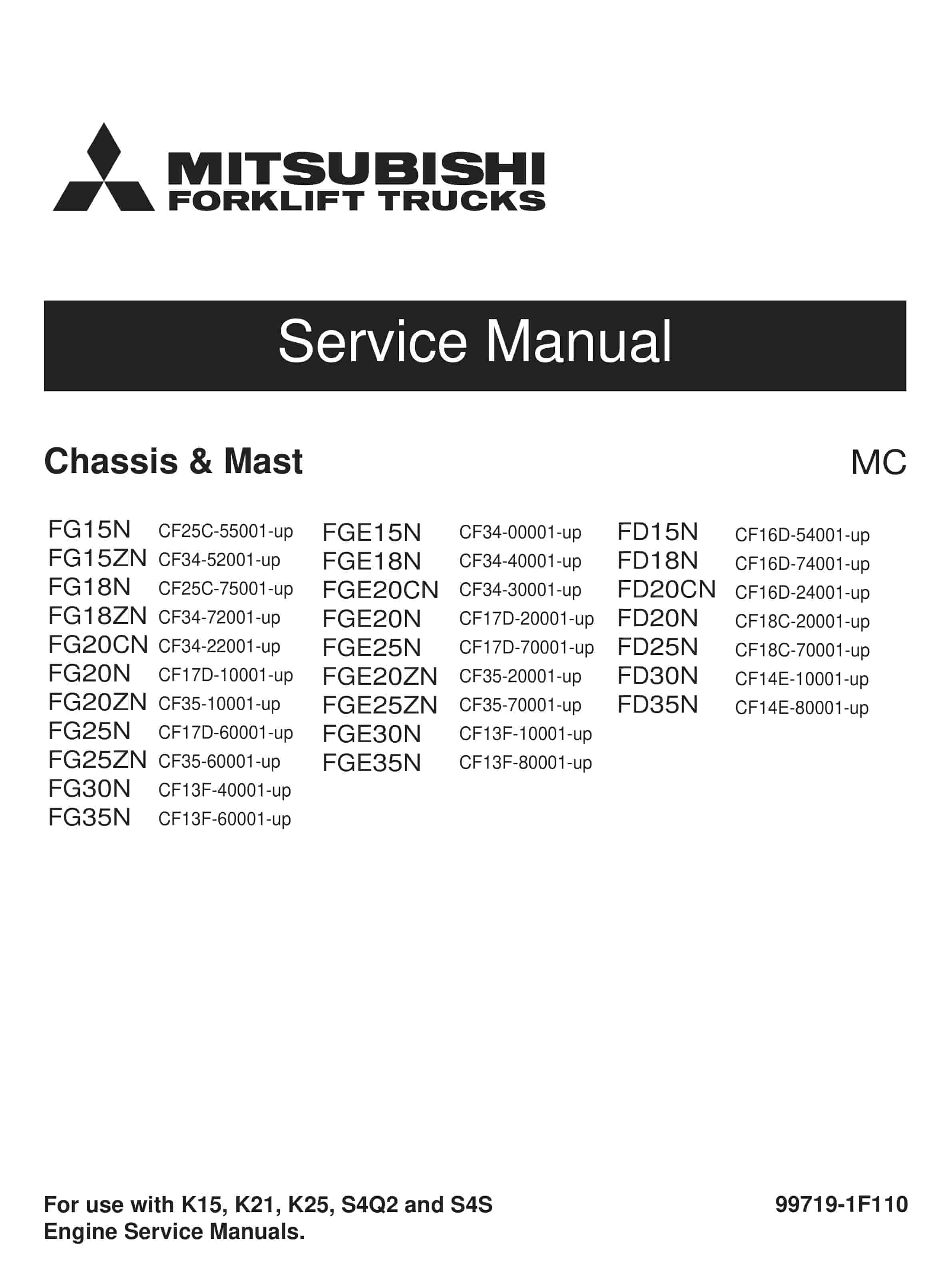 Mitsubishi FG15N-35N, FGE15N-35N, FD15N-35N Chassis and Mast Service Manual 99719-1F110